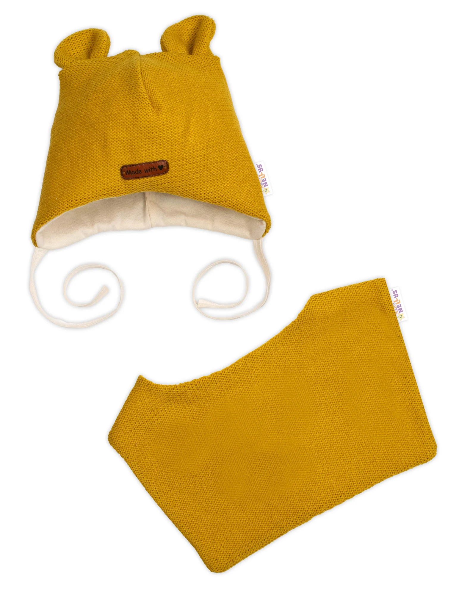 Baby Nellys Pletená čepice s šátkem 2v1, Teddy Hand made - hořčicová, 68/74