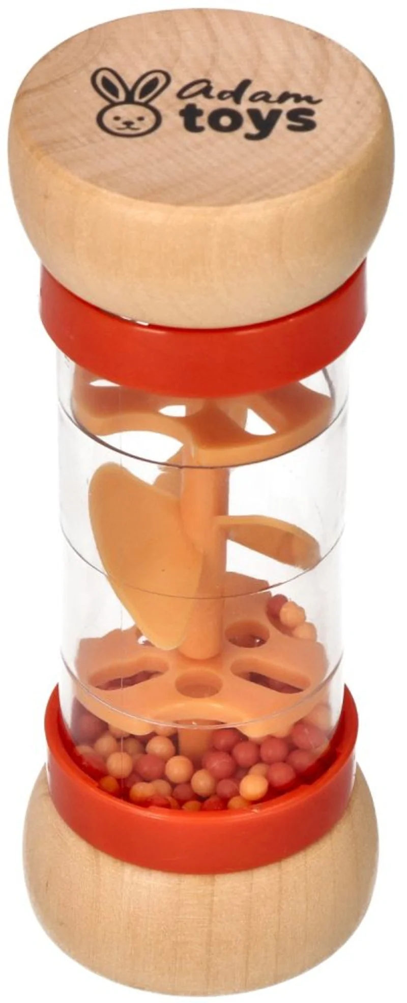 Adam Toys Dřevěné chrastítko/dešťová sprcha s kuličkama, Slepička - oranžové