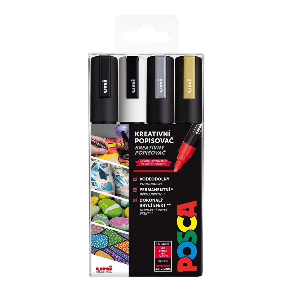 Posca Sada akrylových popisovačů - PC-5M, 1,8 - 2,5 mm, mix barev (4 ks)
