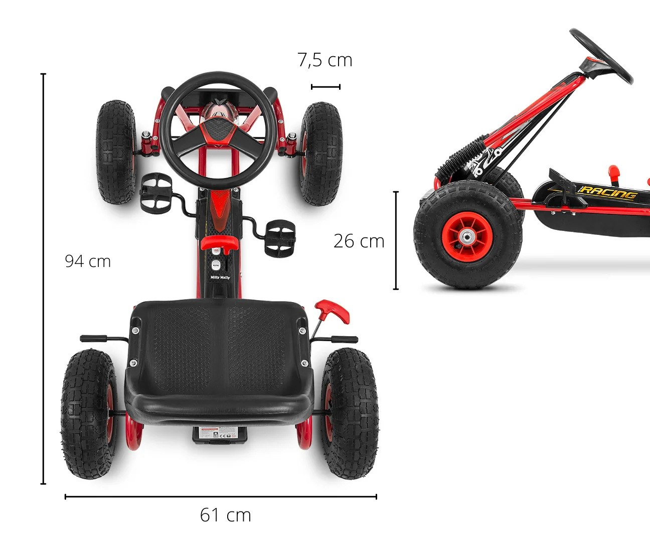 Milly Mally Dětská šlapací motokára THOR – nafukovací kola, brzda, 3–8 let, červená, černá
