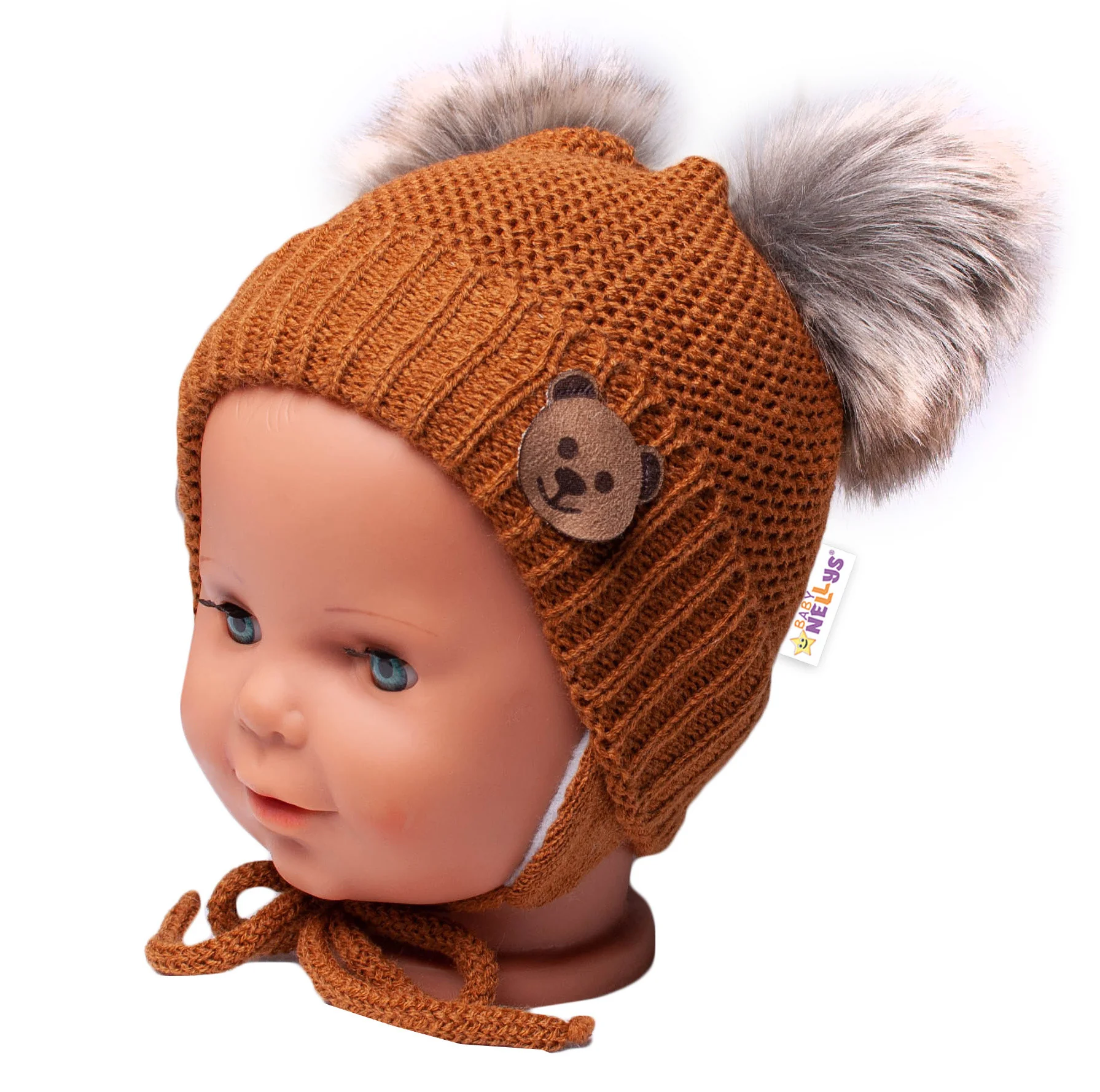 Baby Nellys Dětská zimní čepice s fleecem Teddy Bear - chlupáčk. bambulky - hnědá, šedá,