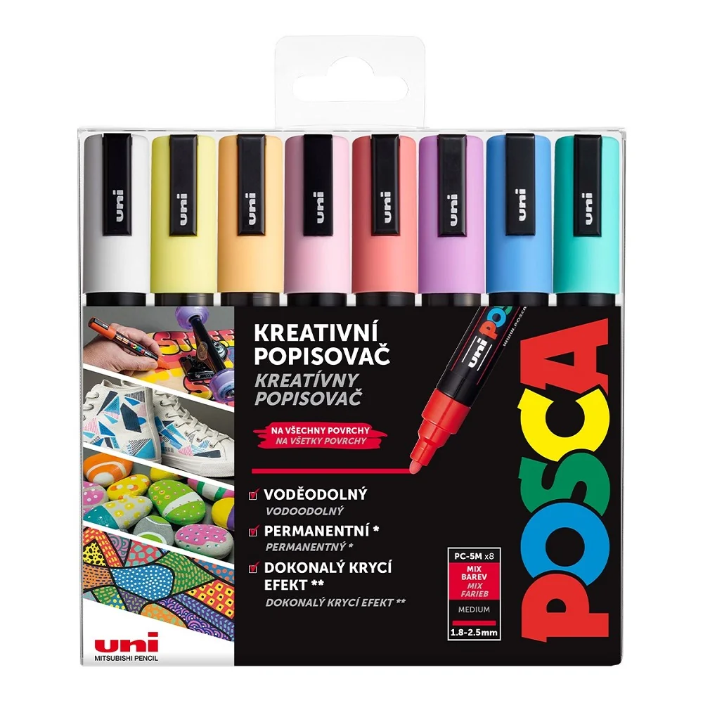 Posca Sada akrylových popisovačů - PC-5M, 1,8 - 2,5 mm, pastelové barvy (8 ks)
