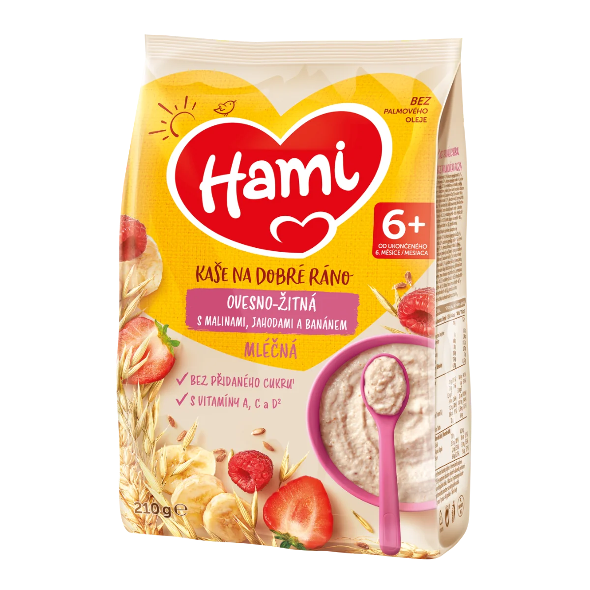 Hami Mléčná kaše na dobré ráno ovesno-žitná s banánem, jahodami a malinami 210 g