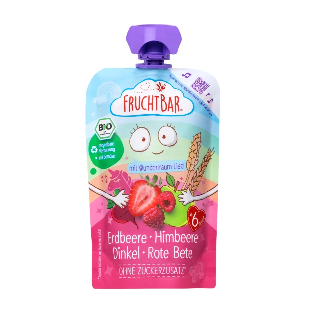 FruchtBar BIO Ovocná kapsička s jahodami, malinami, červenou řepou a špaldou 100 g