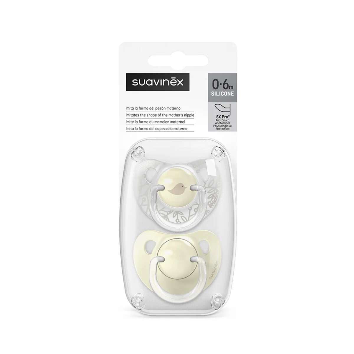 Suavinex Dudlík anatomický silikonový BIRDIES 0-6m 2 ks žlutý