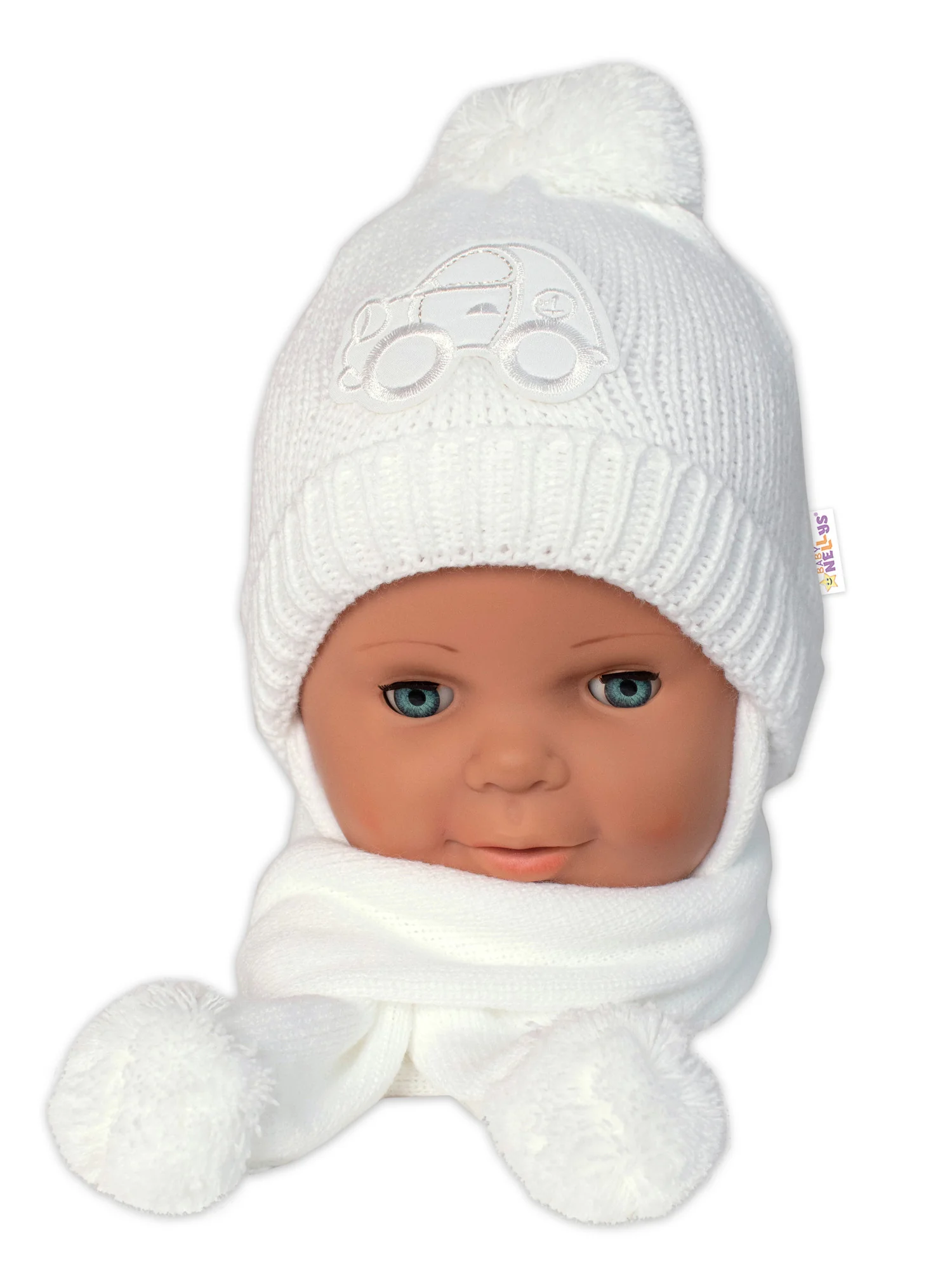 Baby Nellys Zimní čepička s šálou, 2D sada - Autíčko bílá, 0-6m 