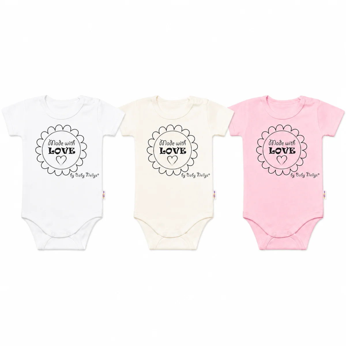 Baby Nellys Komplet 3x body Made with love GIRL, vel. 80, bílá, ecru, sv. růžová