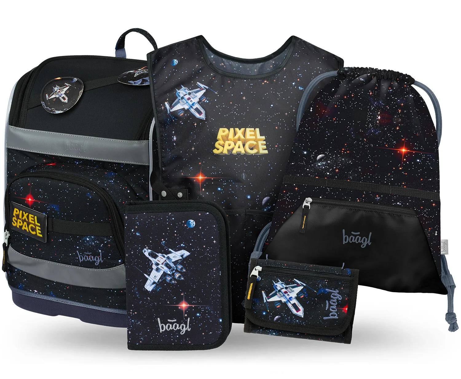 Baagl SET 5 Zippy Plus Pixel Space: aktovka, penál, sáček, zástěra, peněženka