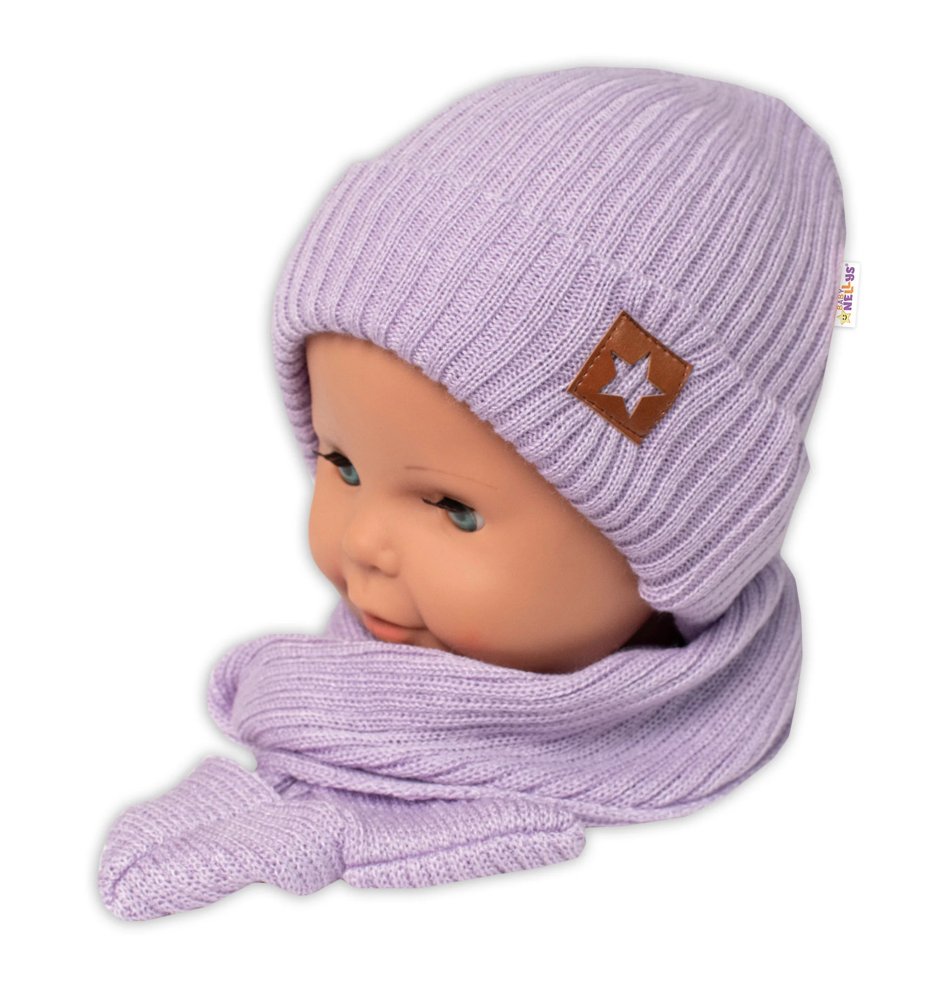 Baby Nellys Pletená čepice s šálou a rukavičky 3v1, STAR,fialová