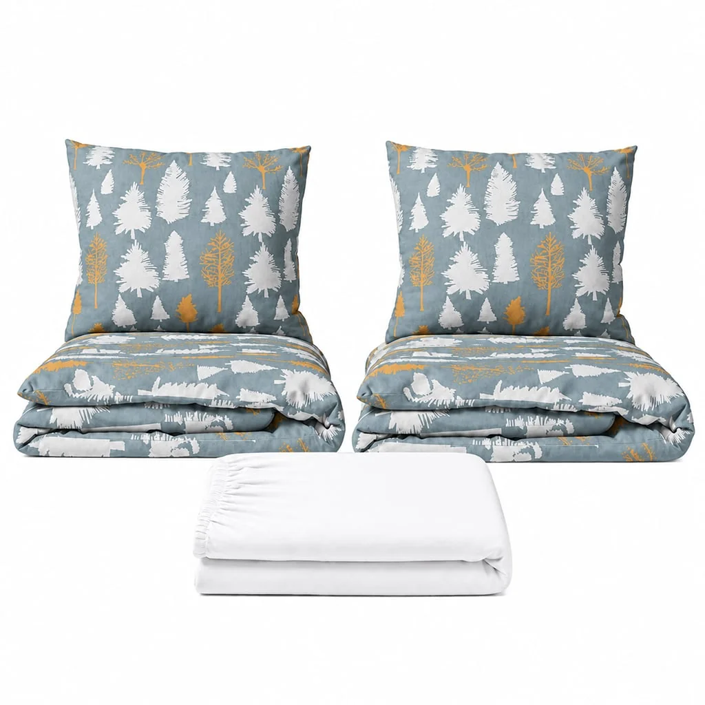 Povlečeme vše Set dvoulůžko Stromky šedé - 2x povlečení, prostěradlo 180x200 cm (016) bílá