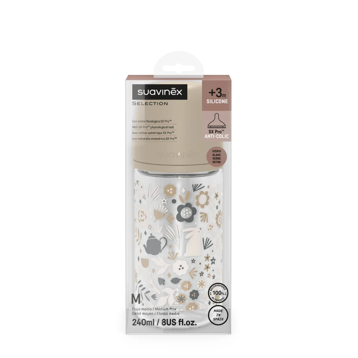 Suavinex Wonderland Skleněná láhev fyziologická SX PRO průtok M 3m+ 240 ml 1 ks liberty krémová