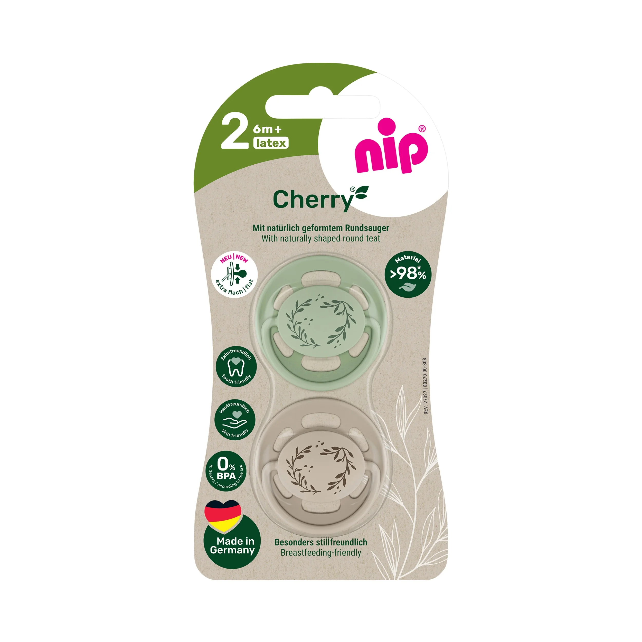 nip CHERRY NATURE line šidítko, kaučuk,velikost 2 (6m+), 2ks, green/brown 