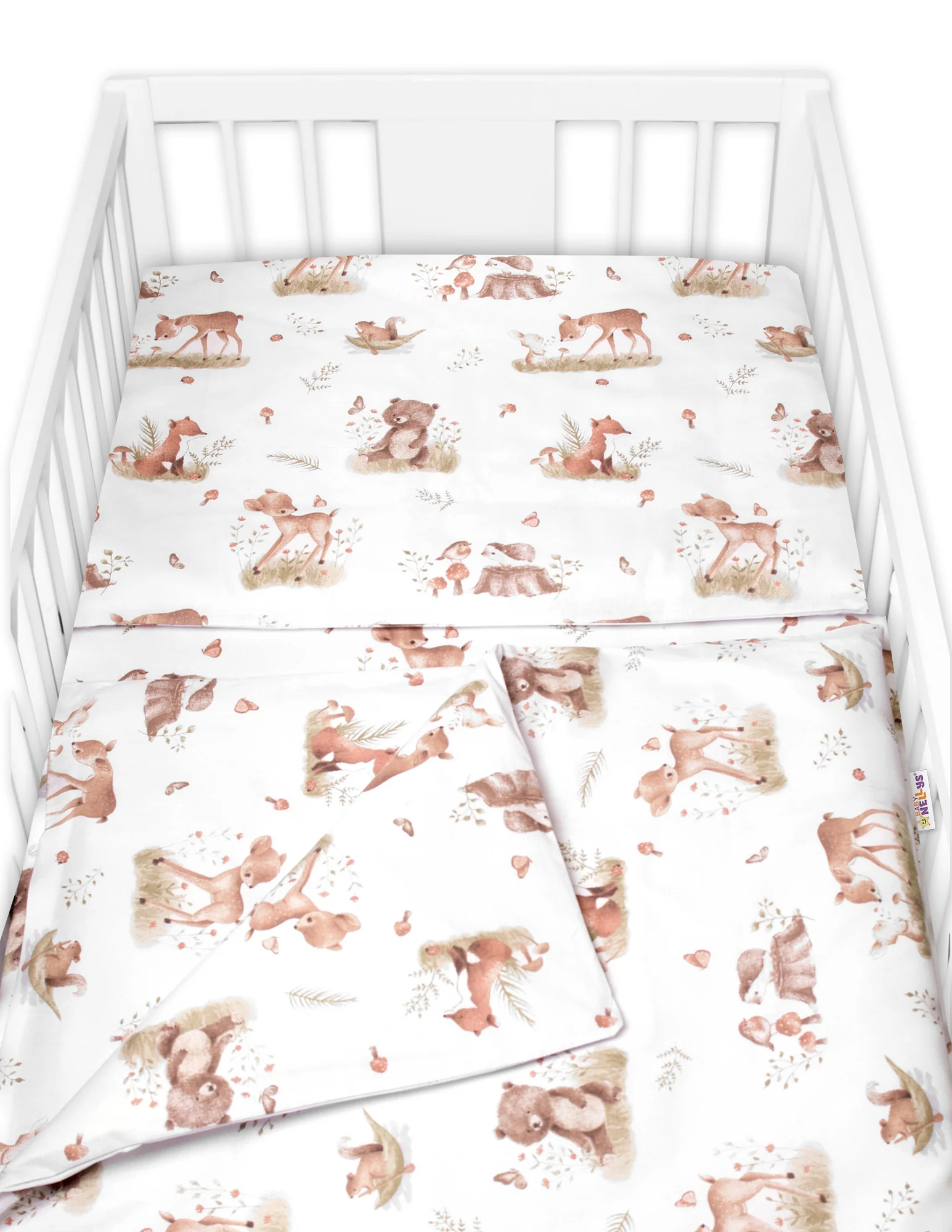 Baby Nellys Mantinel s povlečením do postýlky, 3D sada - Roztomilá zvířátka, bílá/hnědá