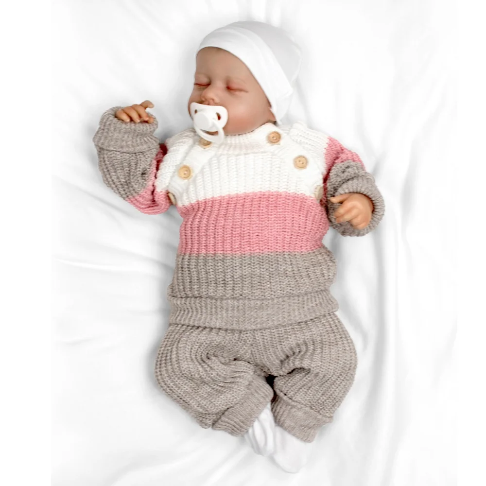 Baby Nellys Rostoucí pletený svetřík a kalhoty s knoflíčky Girl, 2D - proužky, vel. 80/86
