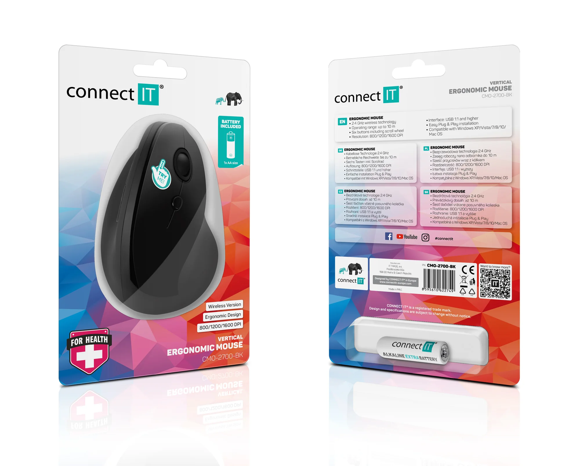 Connect IT For Health Gloss Ergonomická vertikální myš bezdrátová černá