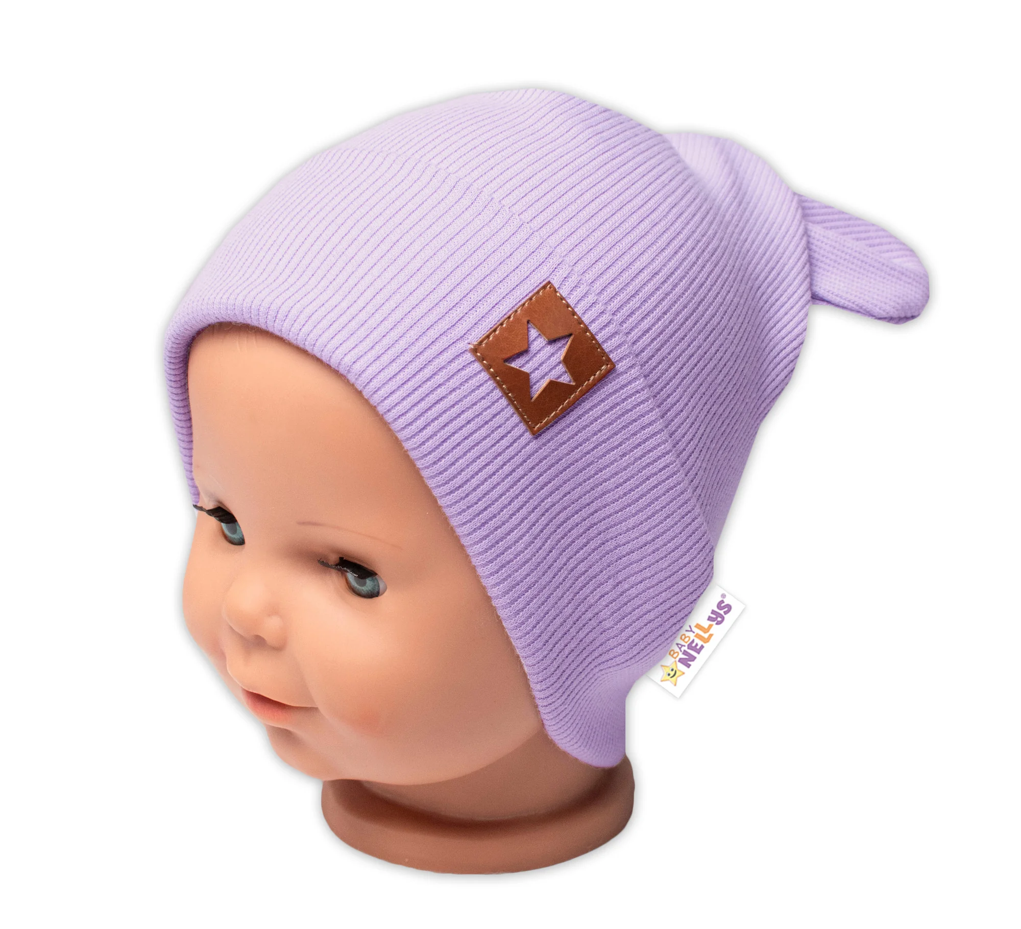 Baby Nellys Žebrovaná dvouvrstvá čepice s oušky TEDDY - lila vel. 80/86