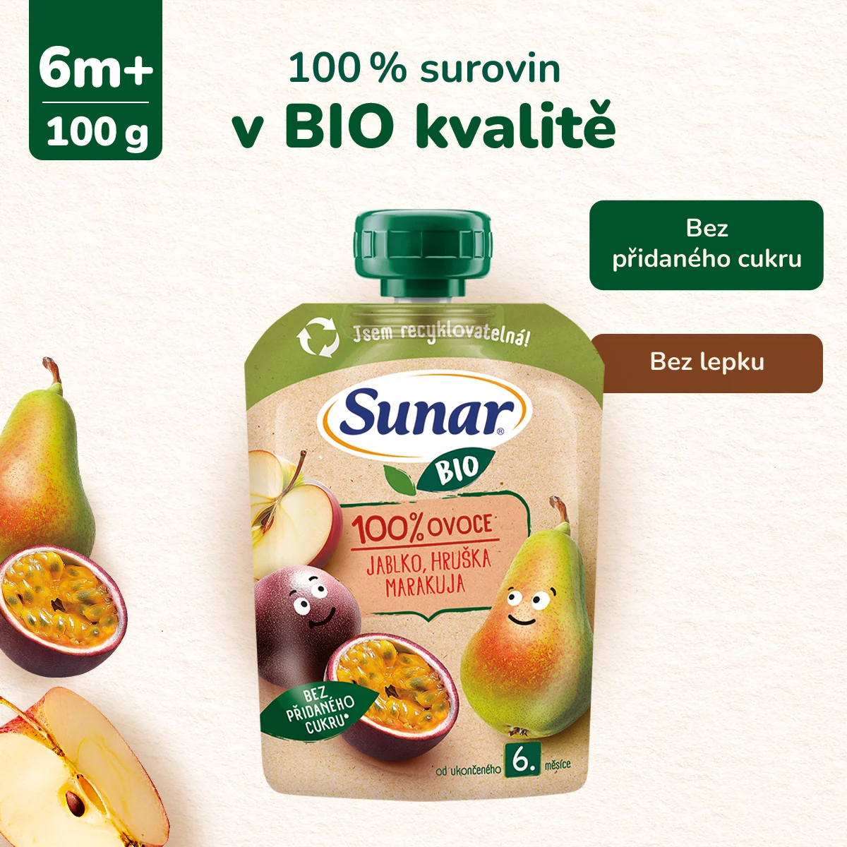 Sunar BIO Jablko, hruška, marakuja 6m+ kapsička 100 g