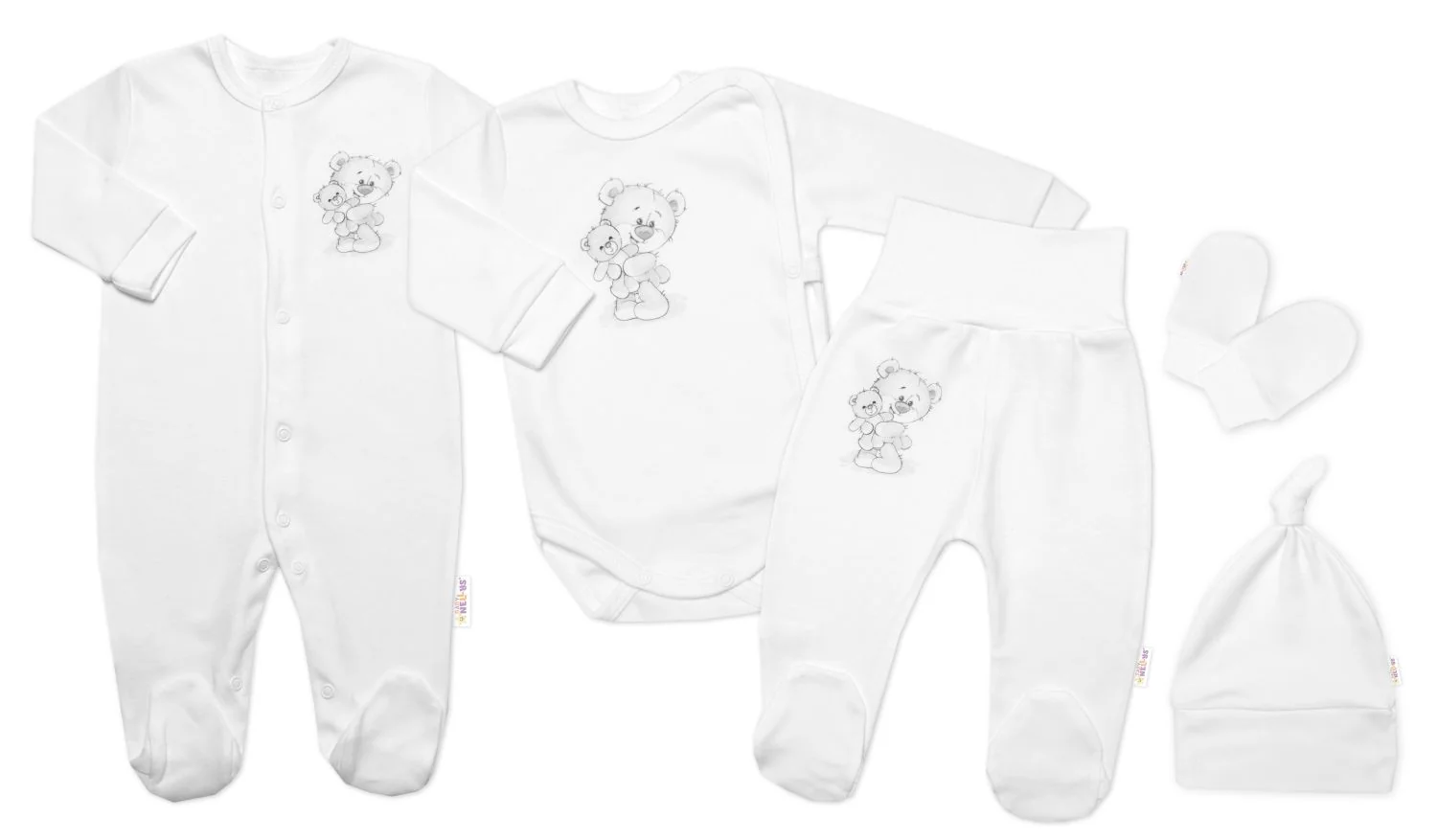 Baby Nellys Soupravička do porodnice pro miminko, 5D, Little Teddy, bílá, vel. 56
