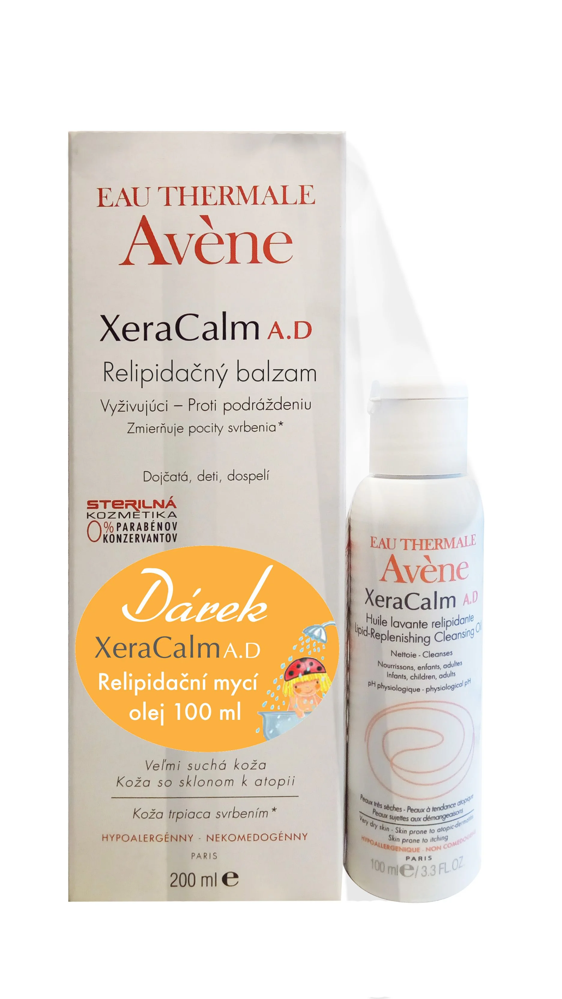 AVENE XeraCalm A.D Relipidační balzám 200ml + Relipidační mycí olej 100ml