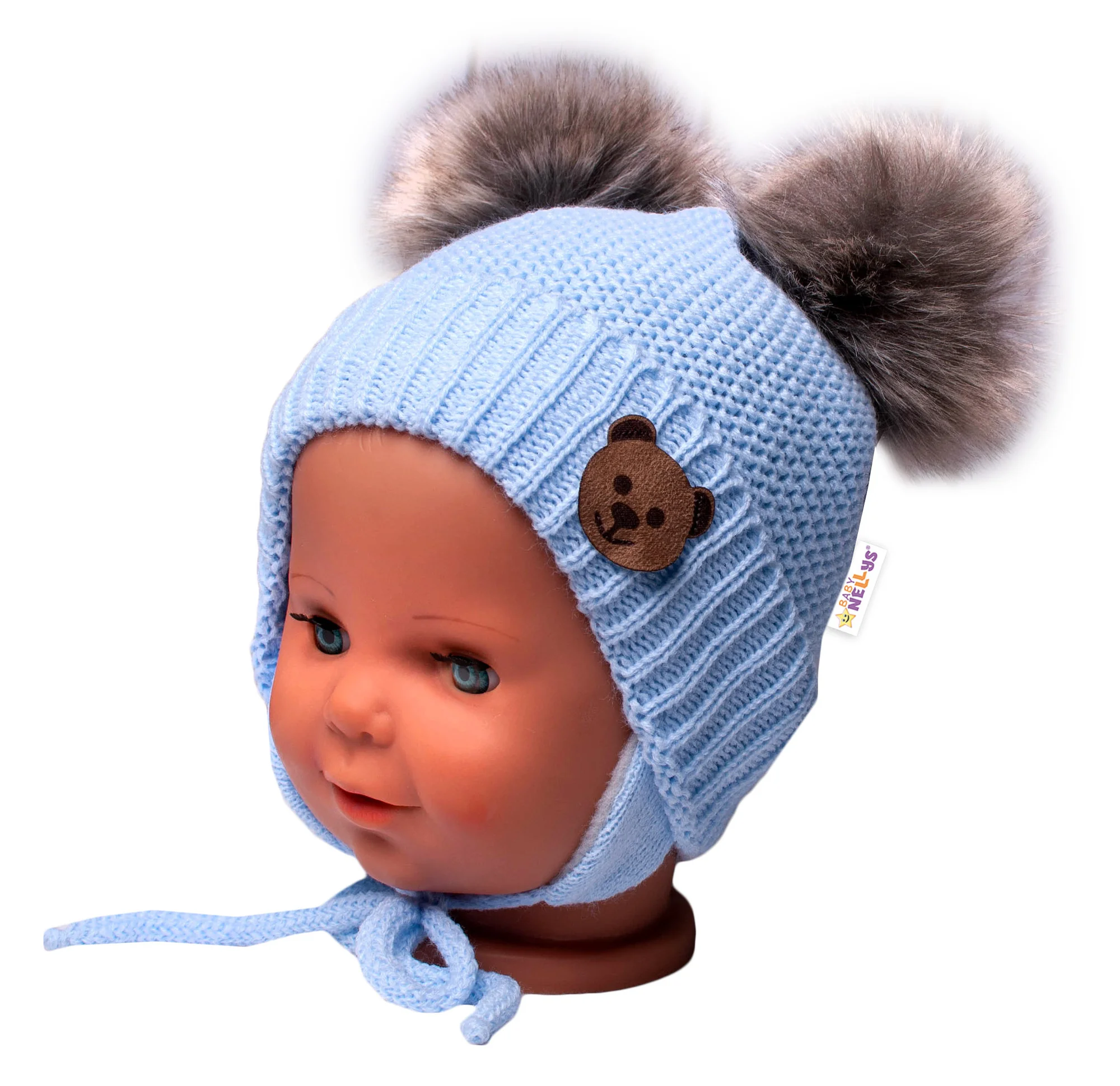 Baby Nellys Dětská zimní čepice s fleecem Teddy Bear - chlupáčk. bambulky,sv. modrá, šedá