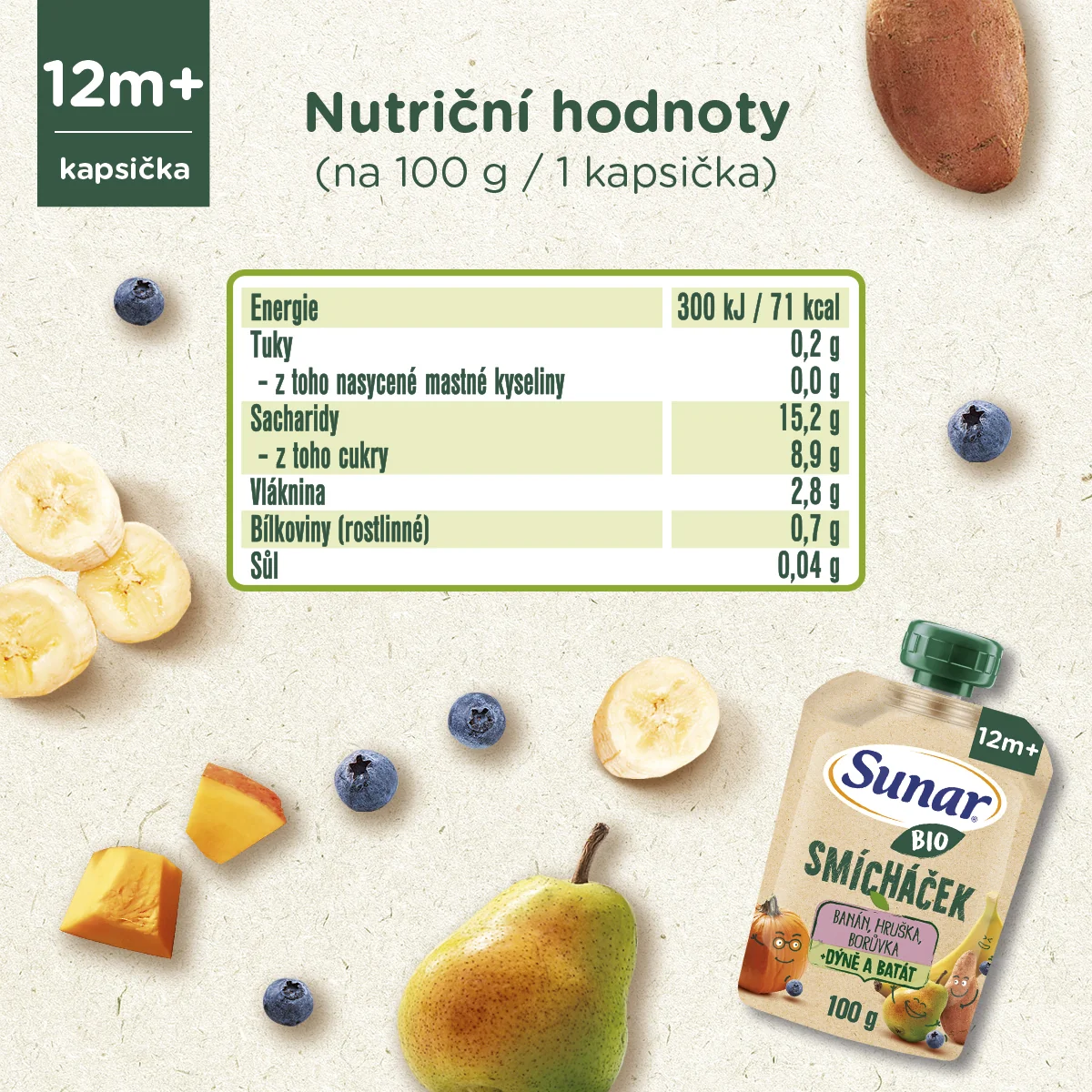 Sunar BIO Smícháček Banán, hruška, borůvka, dýně, batát kapsička 100 g