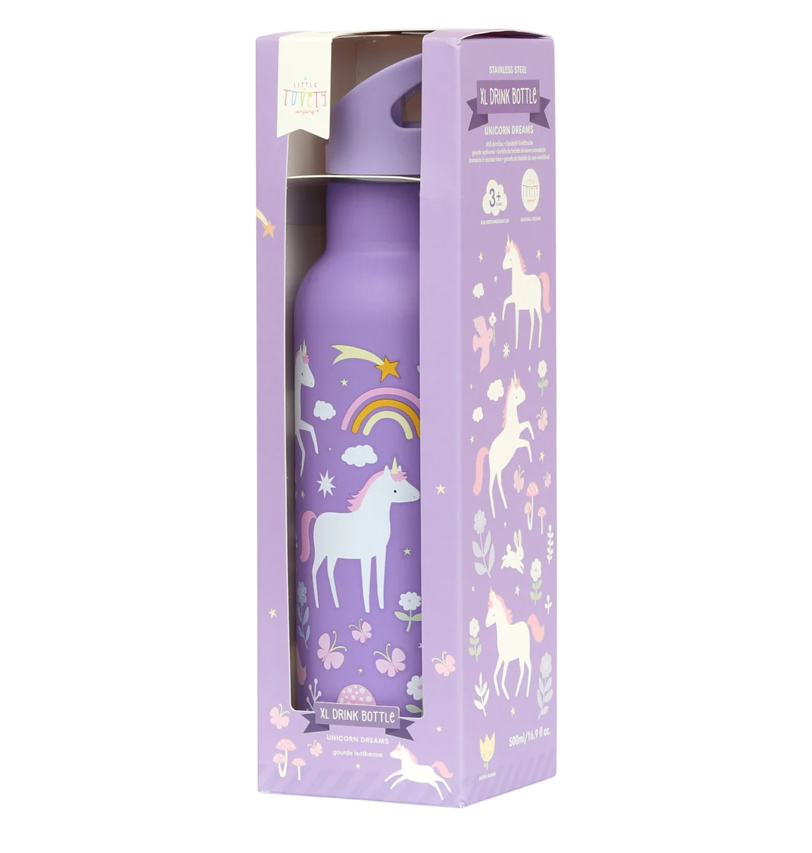 A Little Lovely Company nerezová lahev na pití, 500 ml - jednorožci a duha