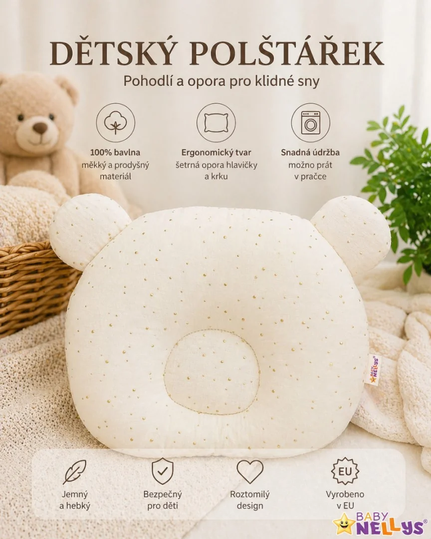 Baby Nellys Mušelínový tvarovaný polštářek Zlaté tečky, béžová