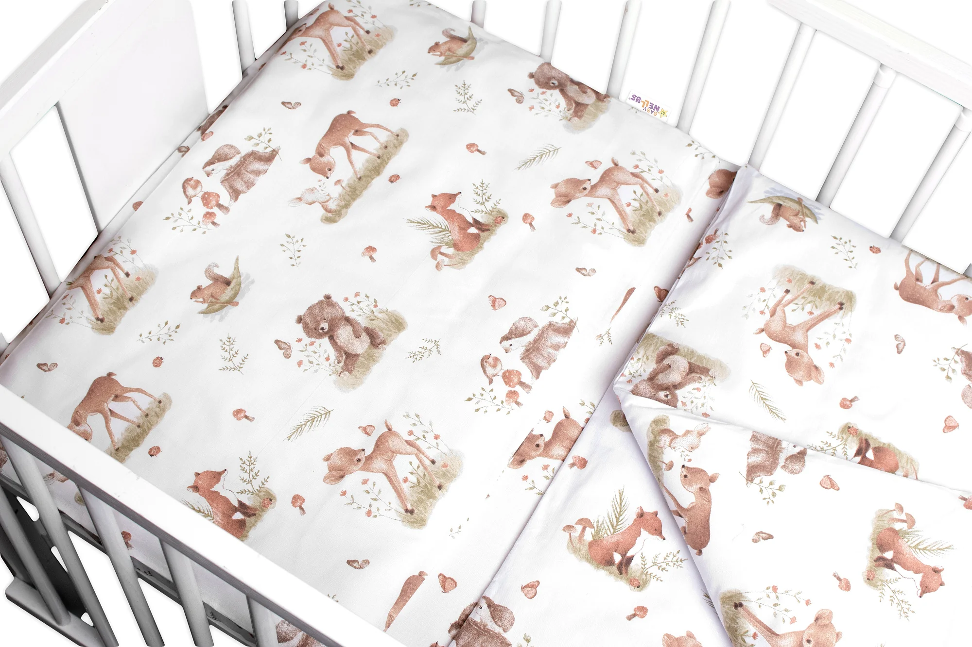 Baby Nellys Mantinel s povlečením do postýlky, 3D sada - Roztomilá zvířátka, bílá/hnědá