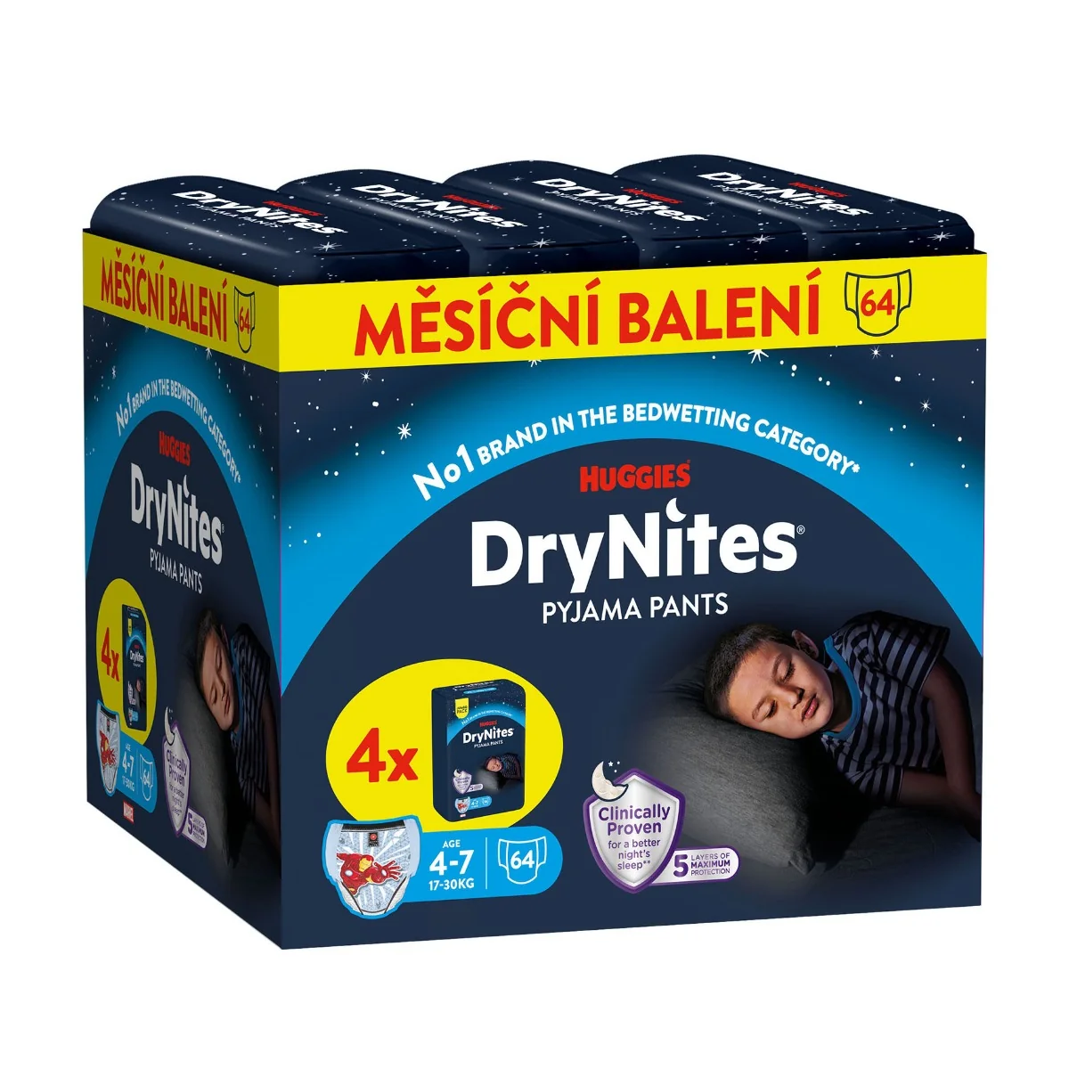 Huggies DryNites Natahovací kalhotky pro chlapce 4–7 let 17–30 kg JUMBO 4x16 ks