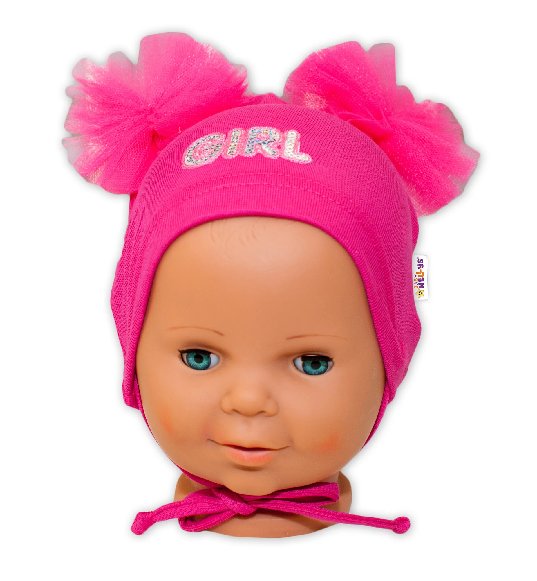 Baby Nellys Bavlněná čepička na zavazování s mašličkami Tutu - tm. růžová, 80/86