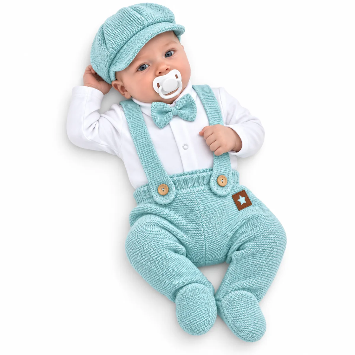 Baby Nellys Pletená souprava Gentleman 3D, body, polodupačky s láclem, čepička, mátová, 62