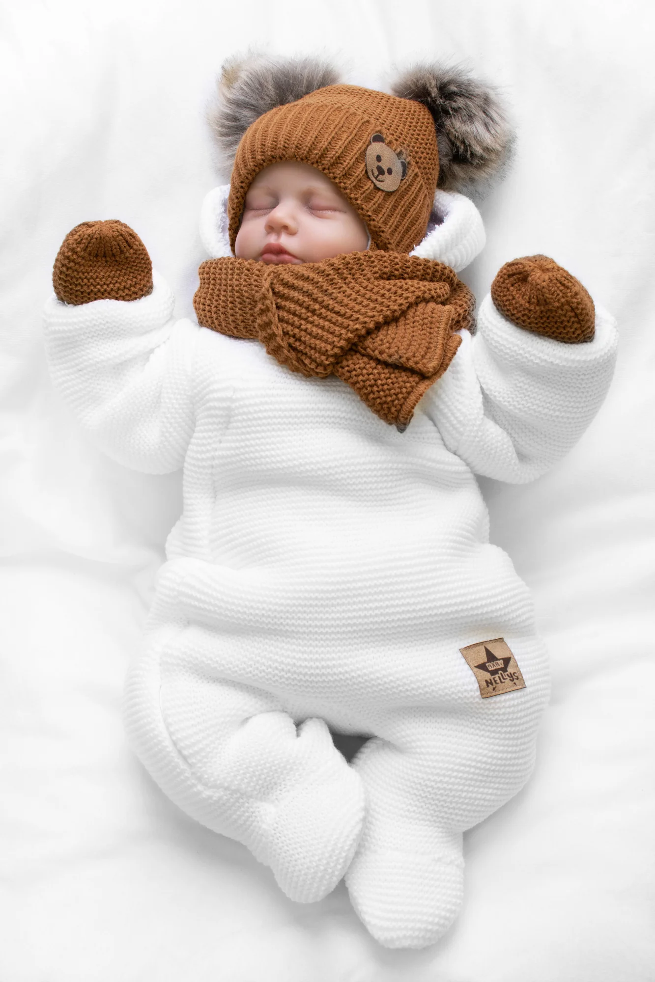 Baby Nellys Dětská sada, zimní čepice s šálou + rukavičky 3D, Teddy Bear - hnědá