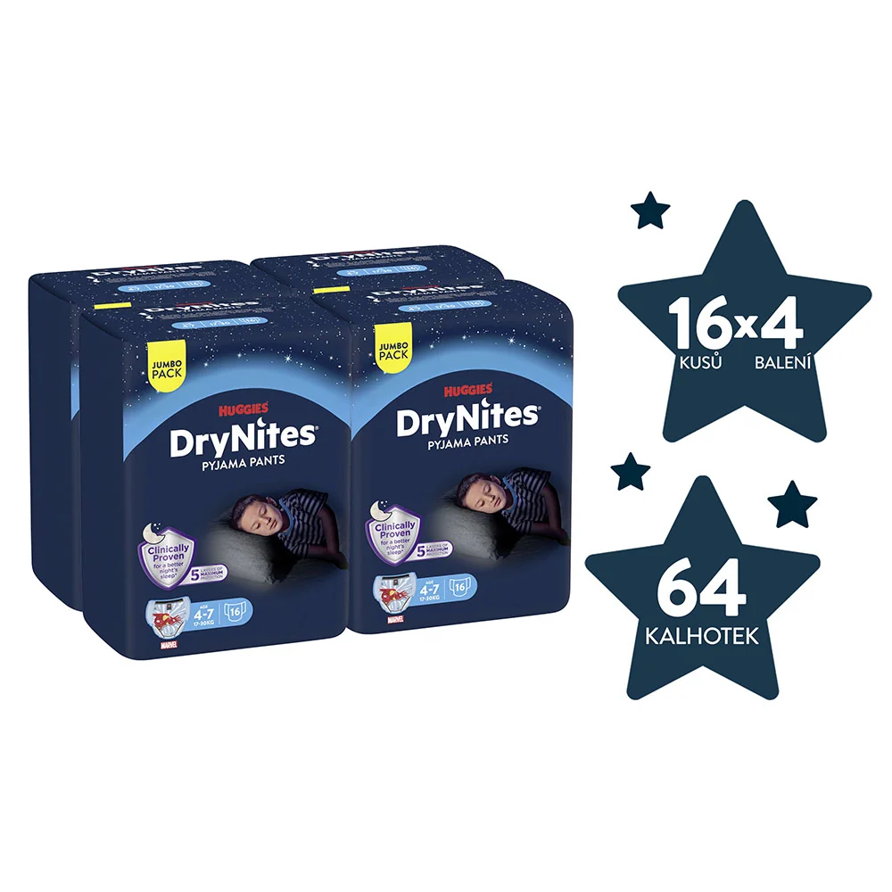 Huggies DryNites Natahovací kalhotky pro chlapce 4–7 let 17–30 kg JUMBO 4x16 ks