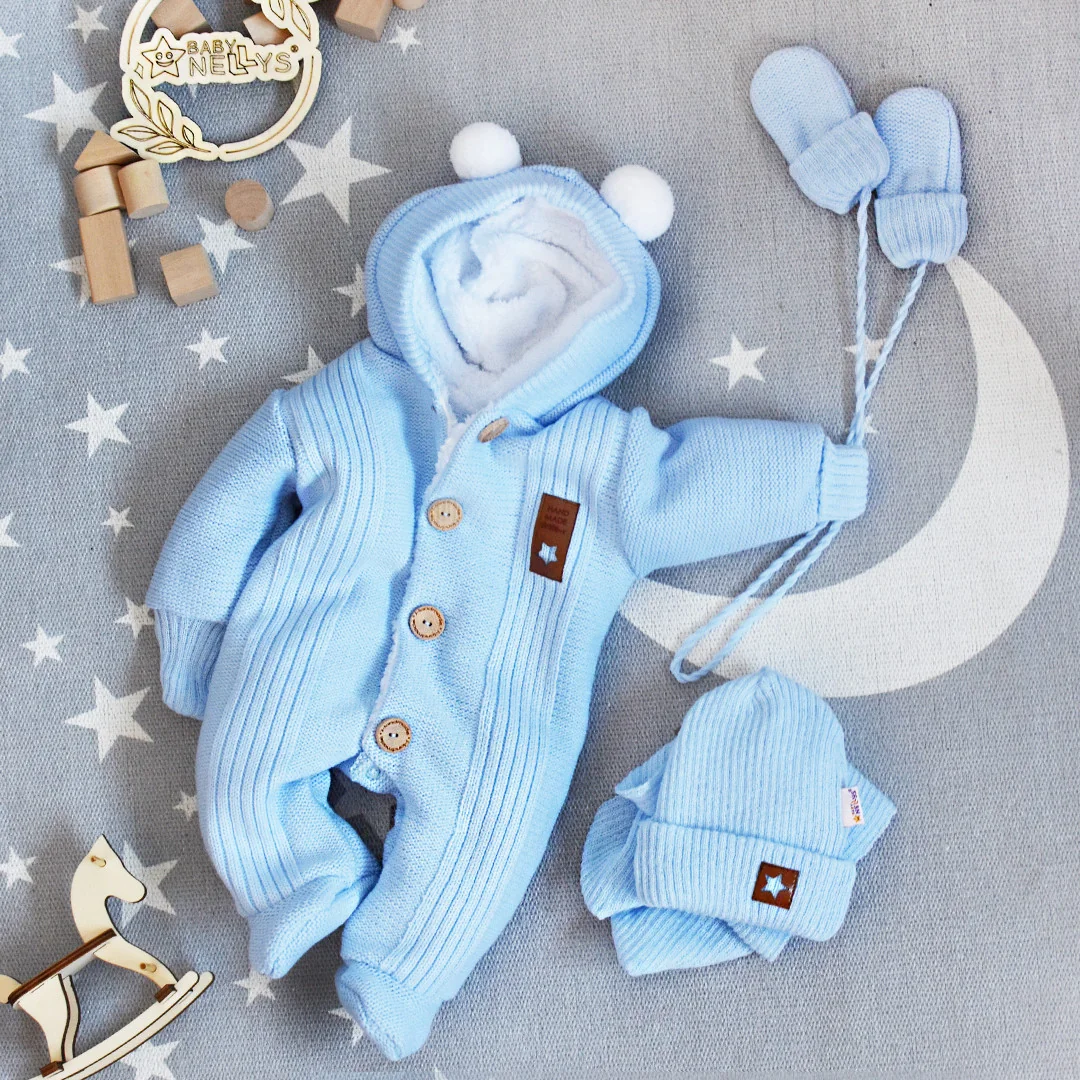 Baby Nellys Pletená kombinéza/overal LUX STAR s kožíškem - dvouvrstvá, sv. modrá