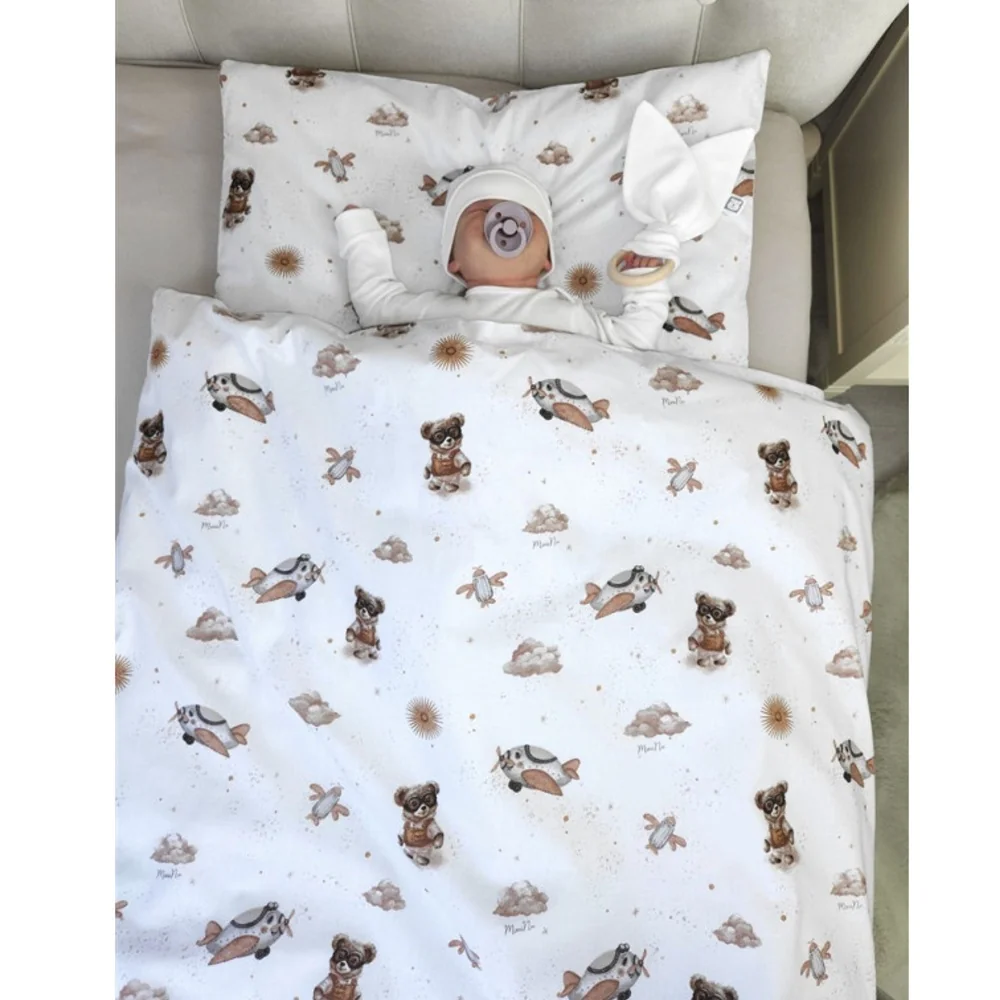 Miminu Povlečení do postýlky, bavlna, 2D sada, Méďa pilot - bílá, béžová