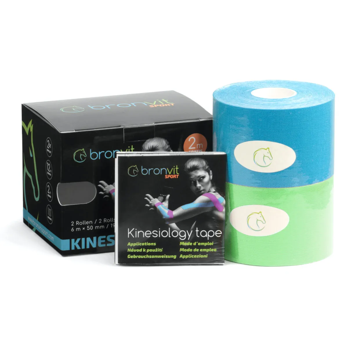 BronVit Sport Kinesio Tape set 5 cm x 6 m tejpovací páska 2 ks modrá + zelená