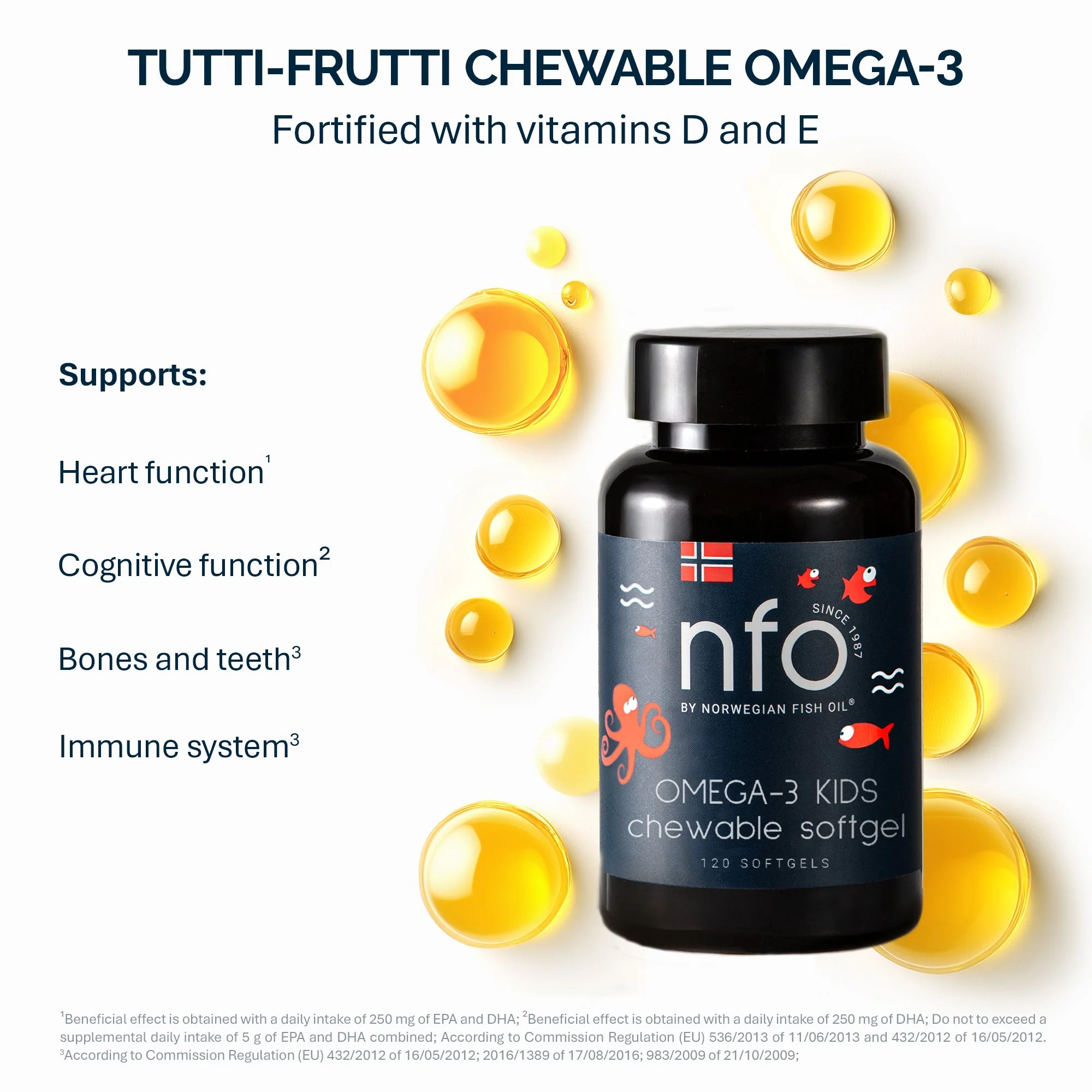 NFO Omega-3 pro děti žvýkací kapsle s vitaminem D, rybí želatina žvýkačky