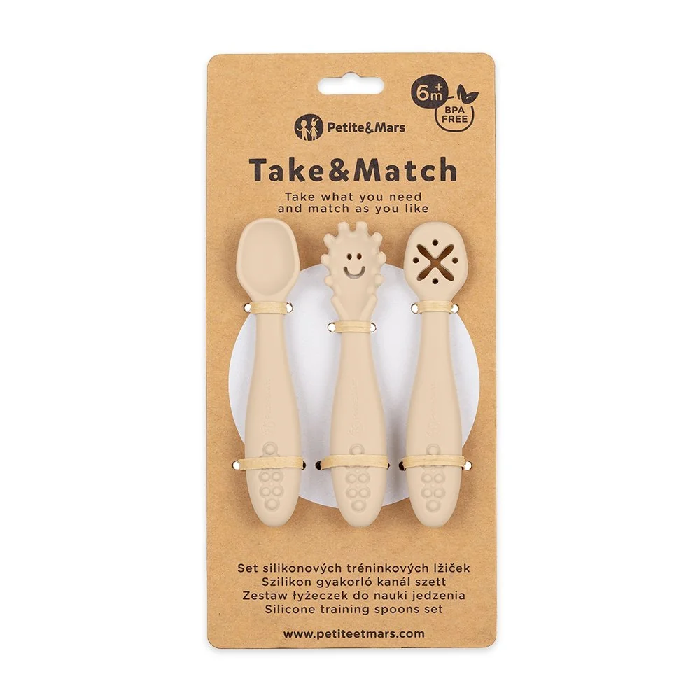 Petite&Mars Set 3 ks silikonových tréninkových lžiček Take&Match Desert Sand 6m+