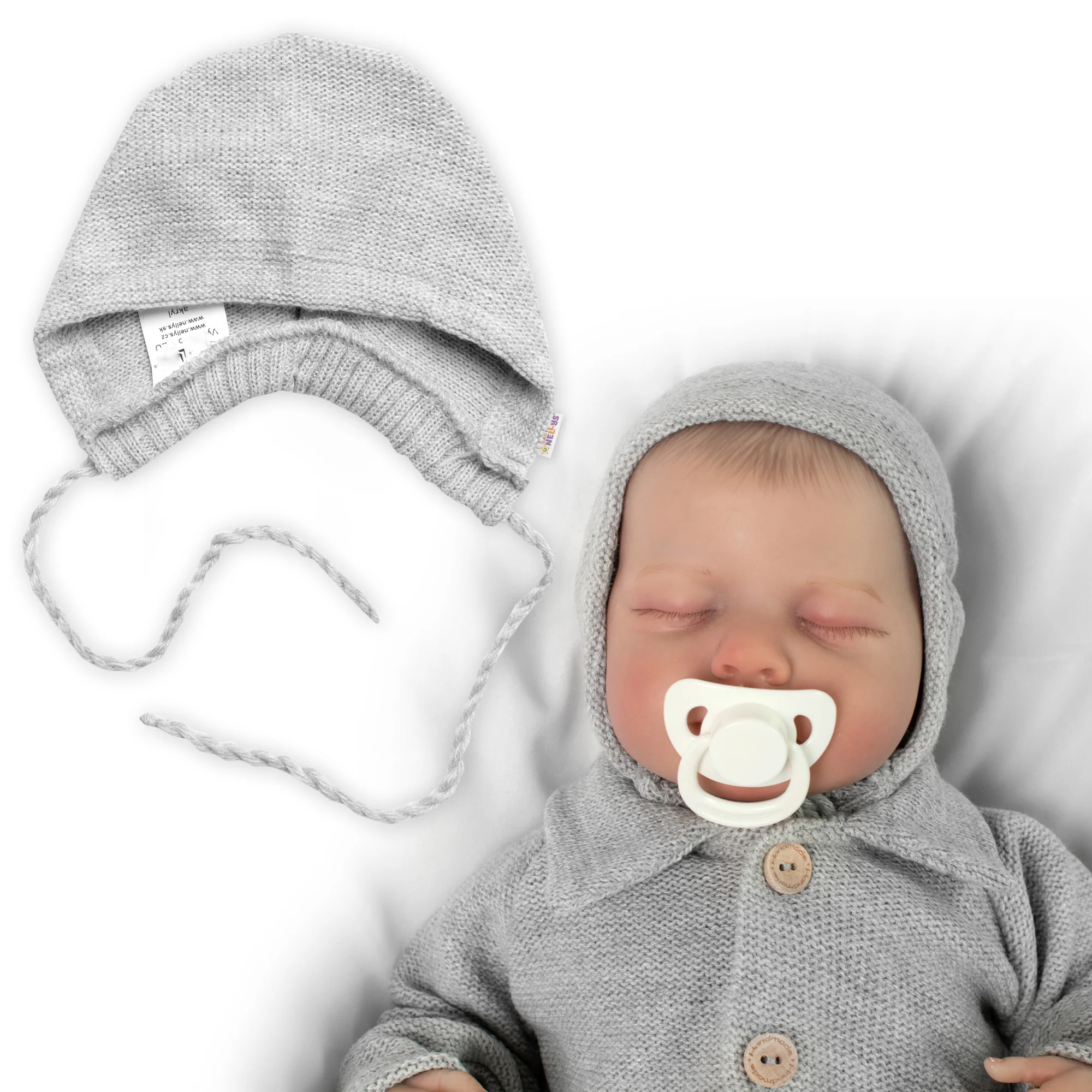 Baby Nellys Pletená čepička na zavazování bonetka Boy, šedá,56/62