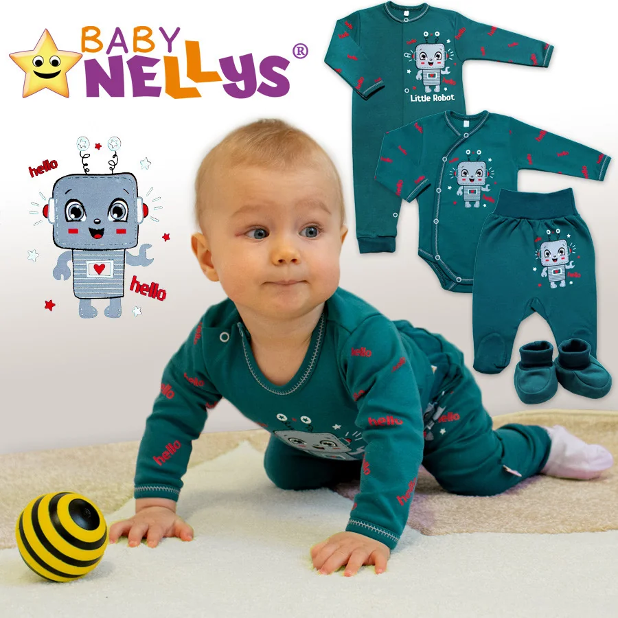 Baby Nellys Bavlněný kojenecký overal bez šlapek Little Robot, tmavě zelený