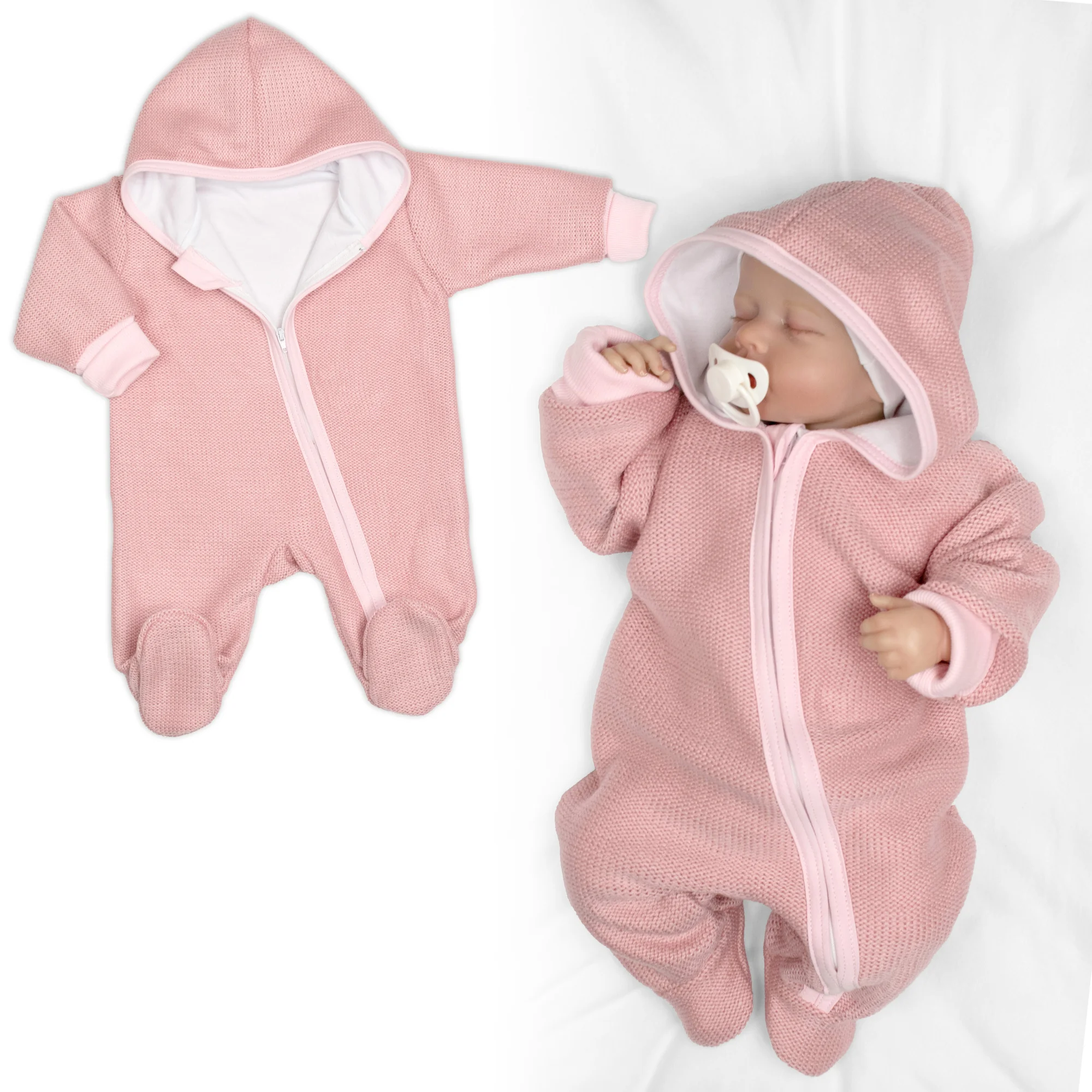 Baby Nellys Pletený overal s kapucí, CUTE - pudrově růžový, vel.56