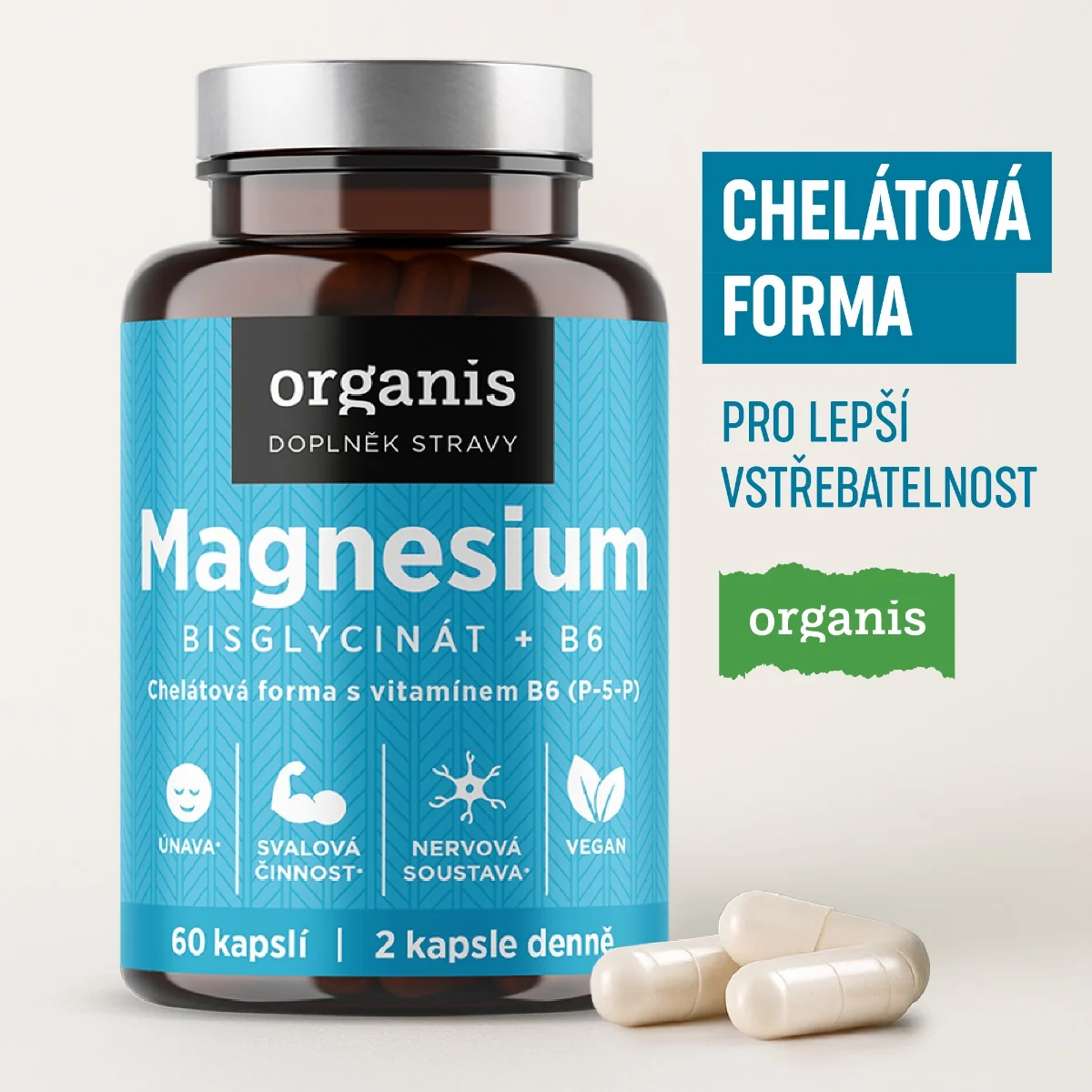 Organis Magnesium Bisglycinát + B6 60 kapslí