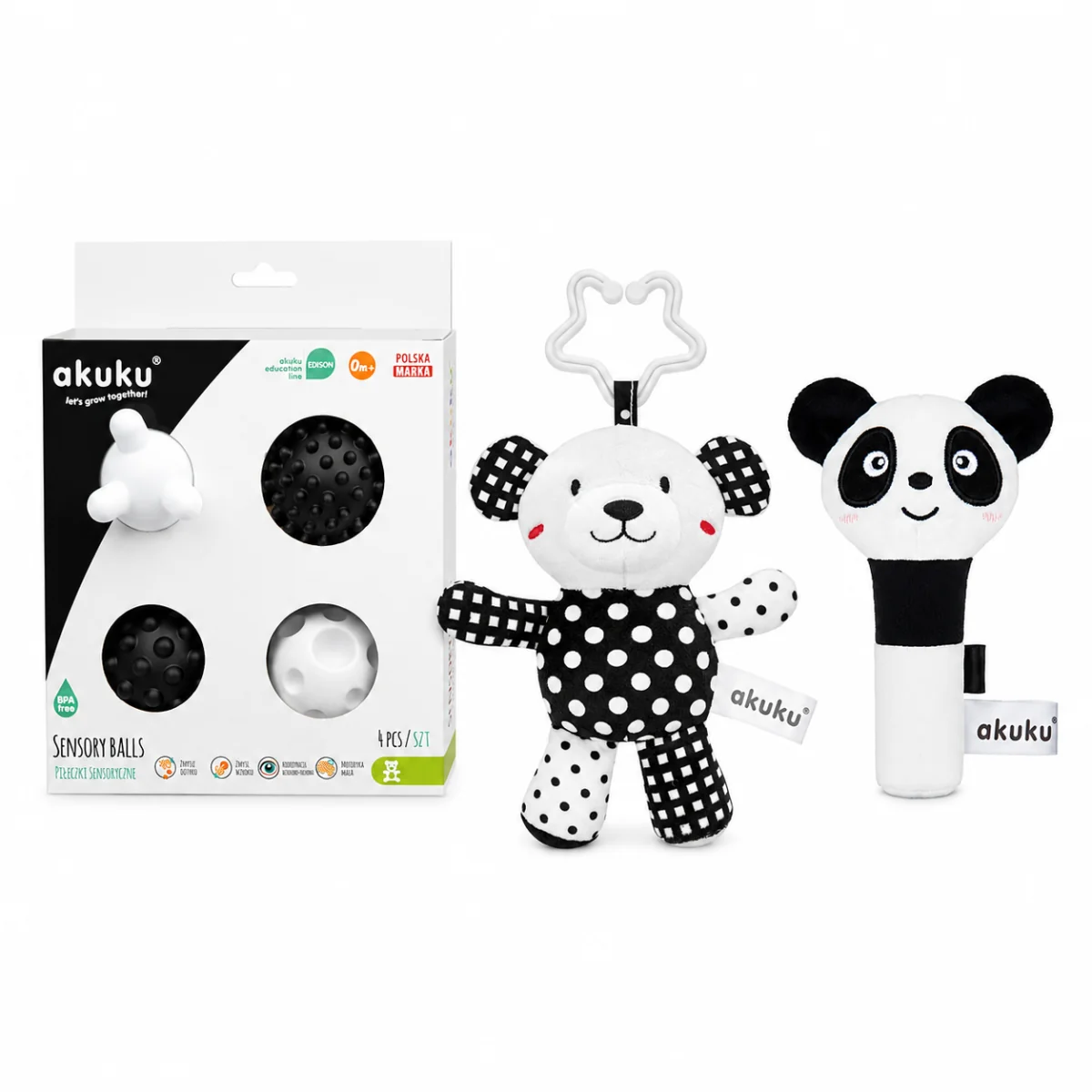 Akuku Sada kontrastních hraček Panda, Medvídek, senzorické balónky
