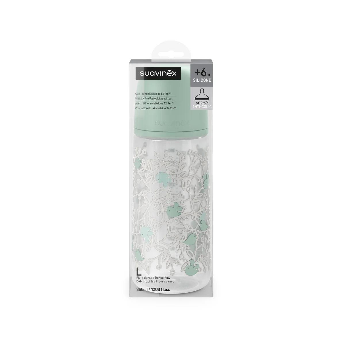 Suavinex Kojenecká láhev BIRDIES L 360 ml 1 ks zelená