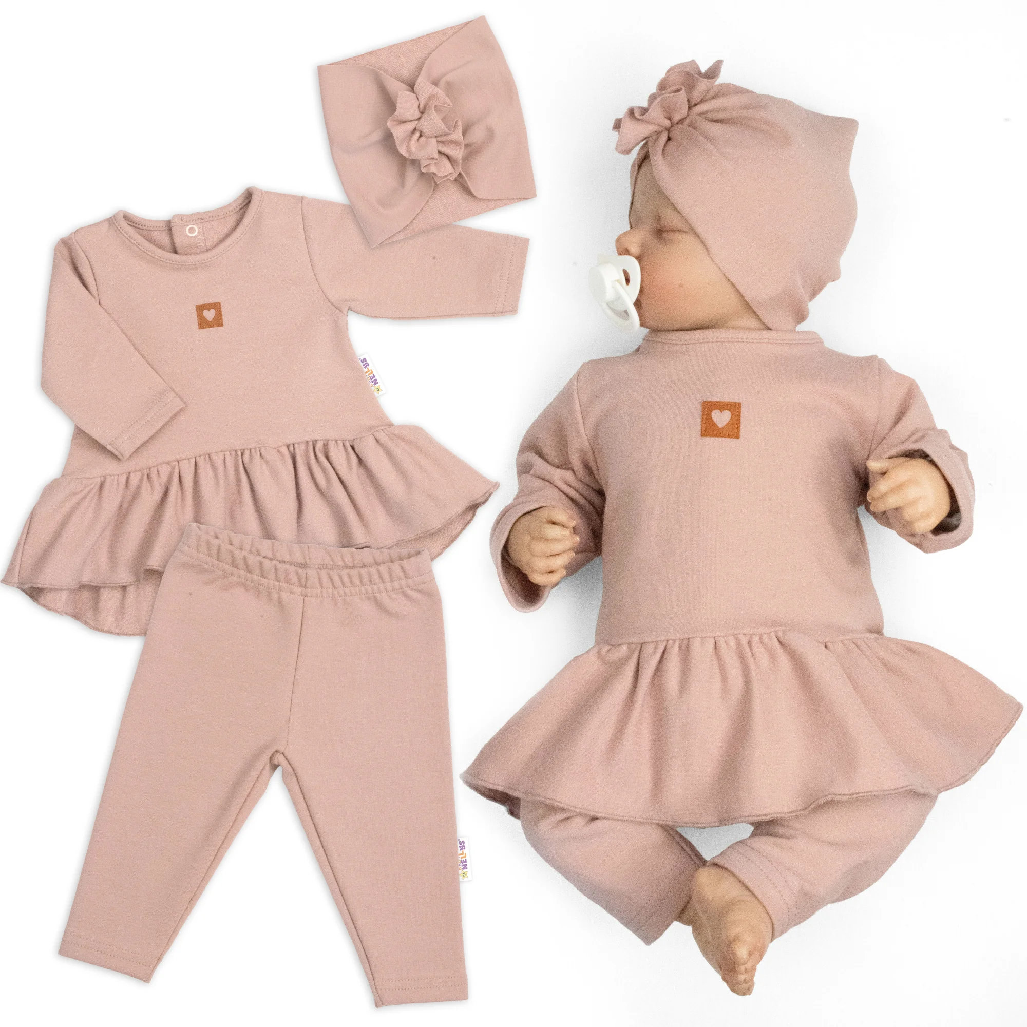 Baby Nellys Luxusní bavlněná sada, 3D, NATURE - pudrově růžová