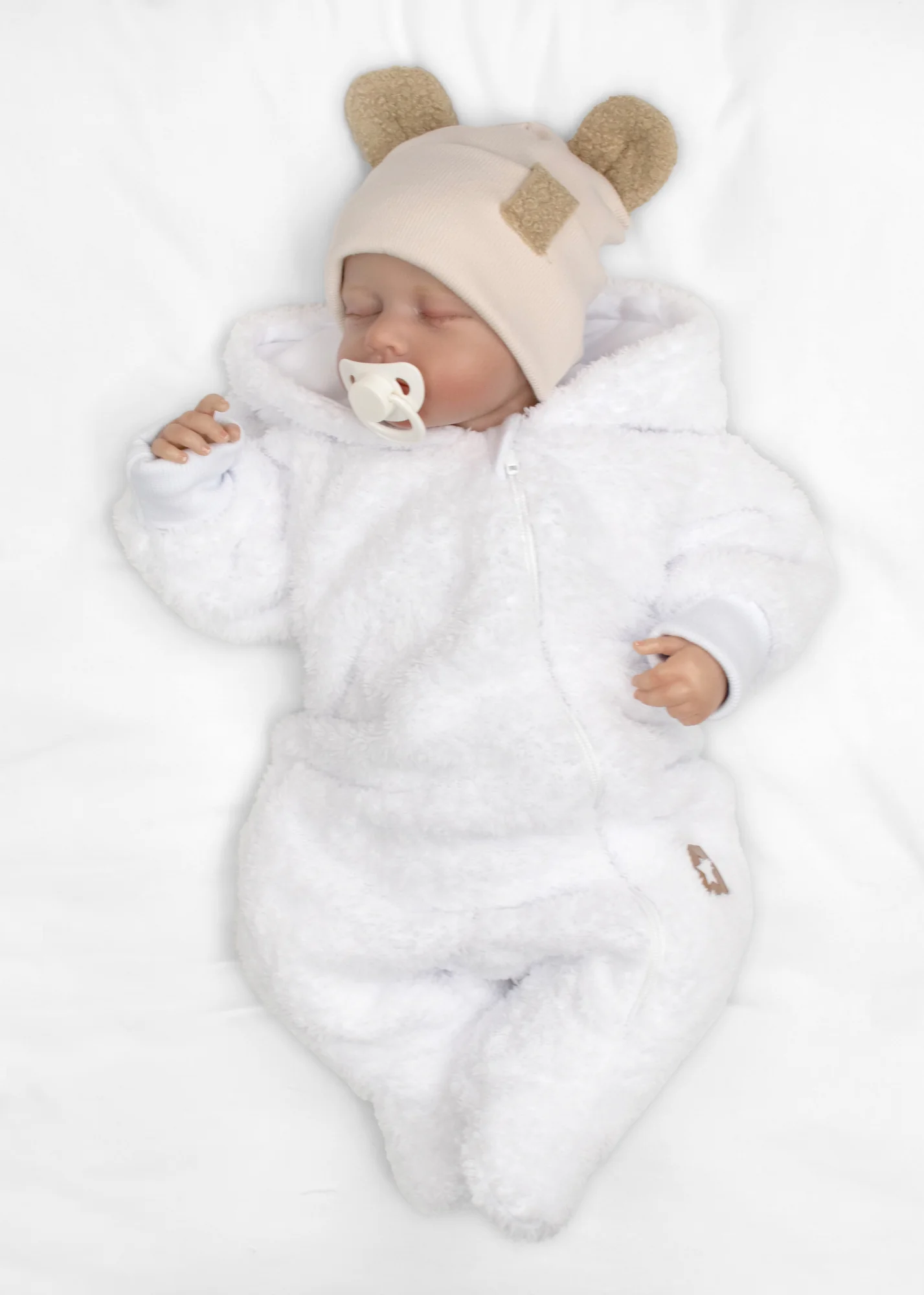 Baby Nellys Dvouvrstvá žebrovaná čepička s oušky boucle medvídek - béžová, 80/86