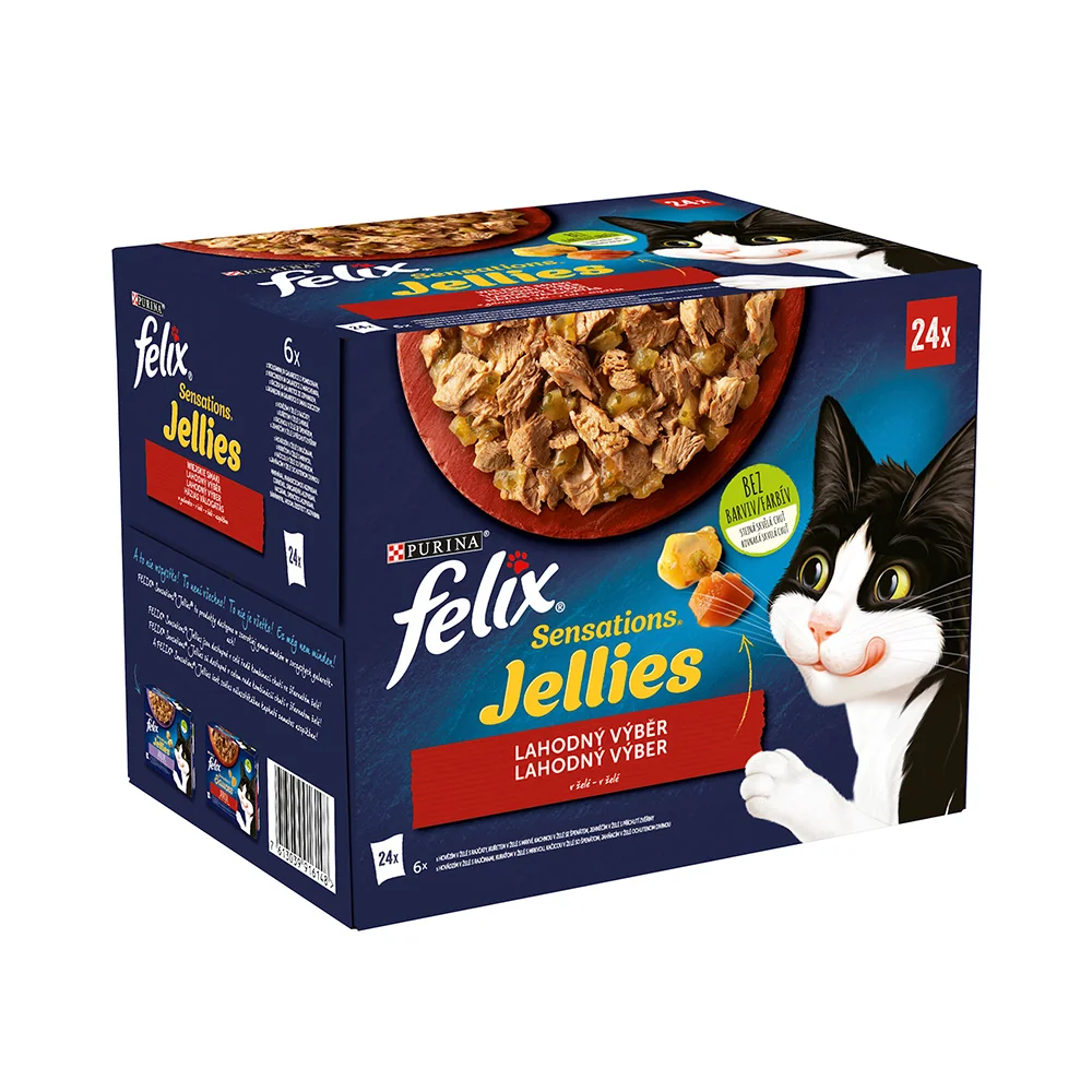 Purina Felix Sensations Jellies hovězí, kuře, kachna, jehněčí v želé kapsičky pro kočky 24x85 g