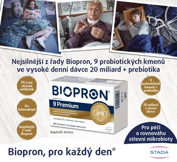 Biopron, pro každý den. Nejsilnější z řady Biopron, 9 probiotických jmenů ve vysoké denní dávce 20 miliard + prebiotika