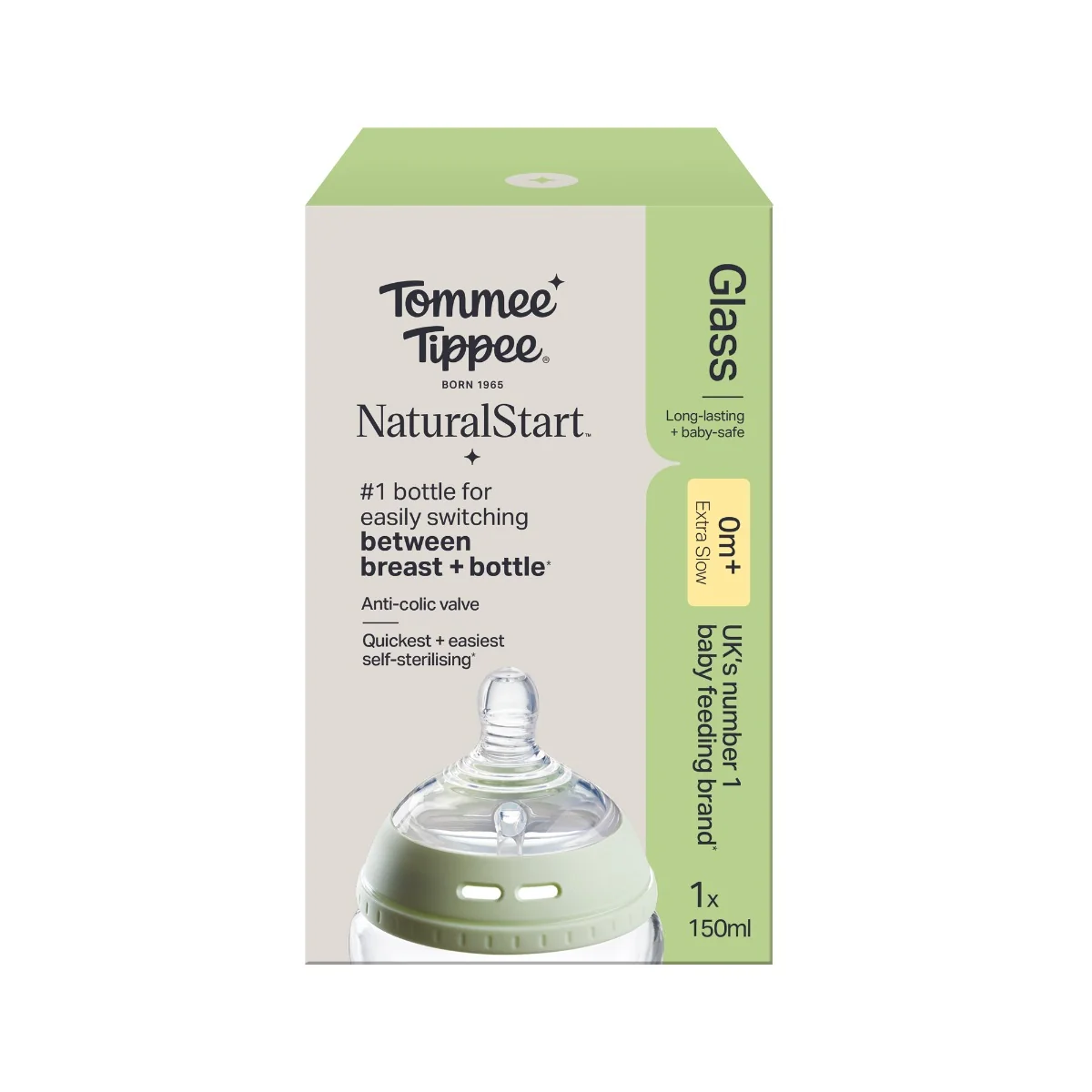 Tommee Tippee Samosterilizační lahev s Anti-Colic savičkou pomalý průtok skleněná 150 ml