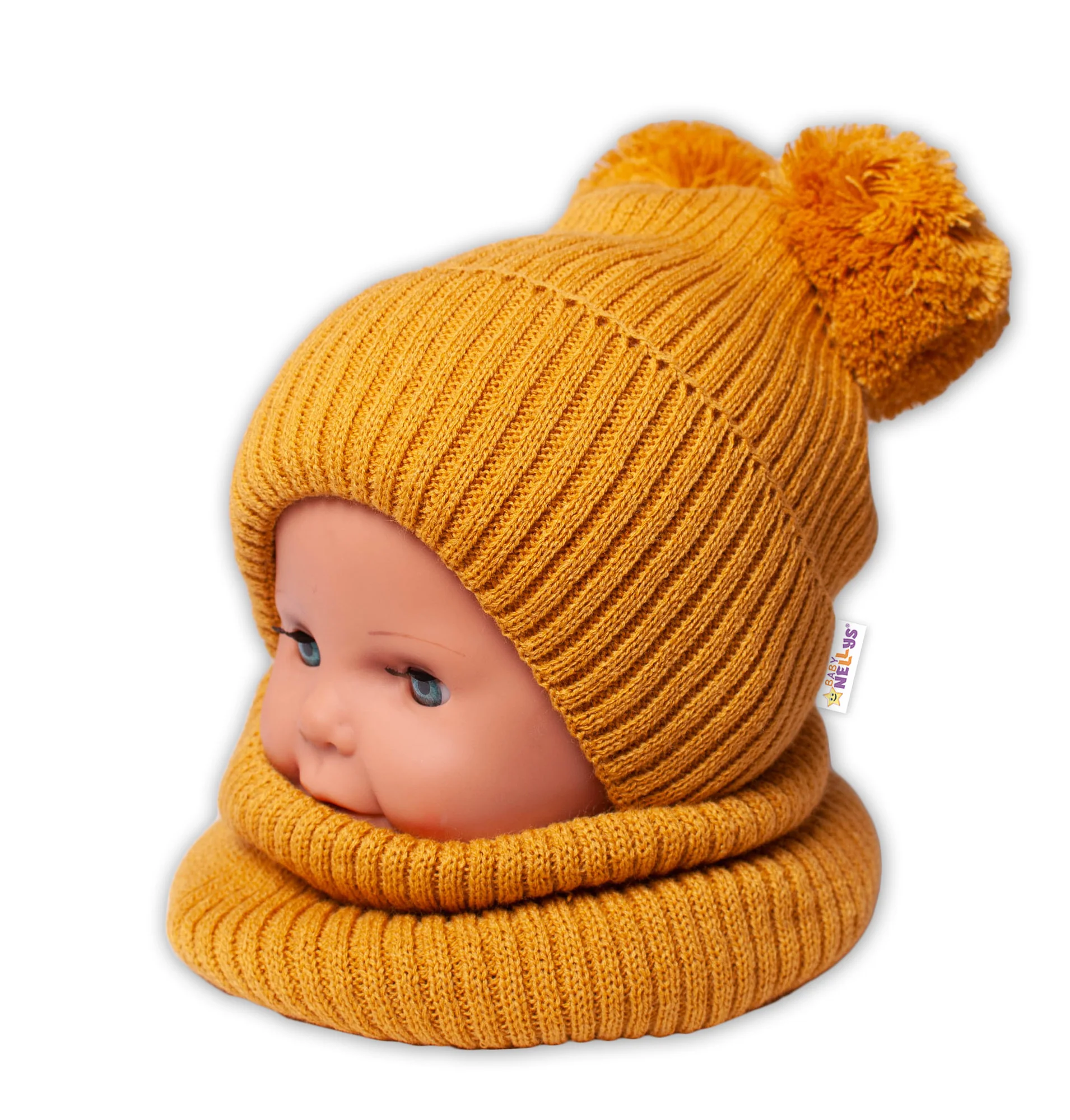 Baby Nellys Zimní pletená čepice + nákrčník, hořčicová